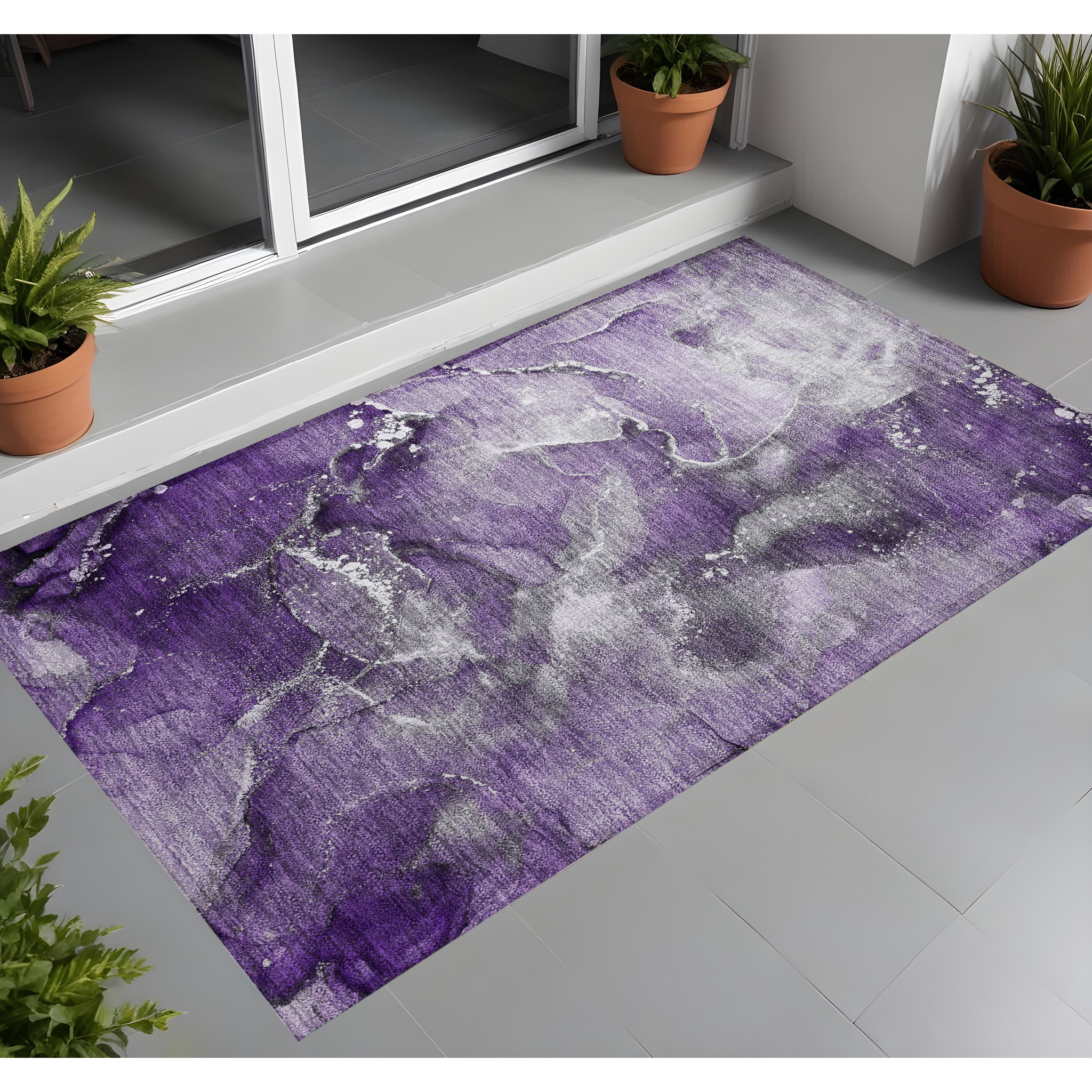 2' X 3' Gray and Purple Abstract Washable Non Skid Indoor Outdoor Area Rug