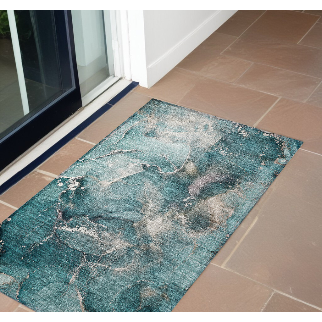 2' X 3' Teal Abstract Washable Non Skid Indoor Outdoor Area Rug