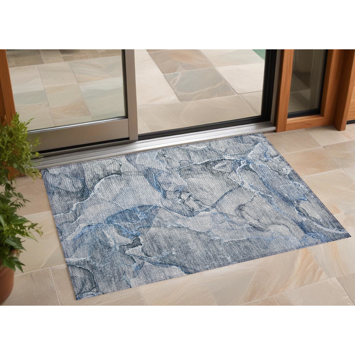 2' X 3' Blue and Gray Abstract Washable Non Skid Indoor Outdoor Area Rug