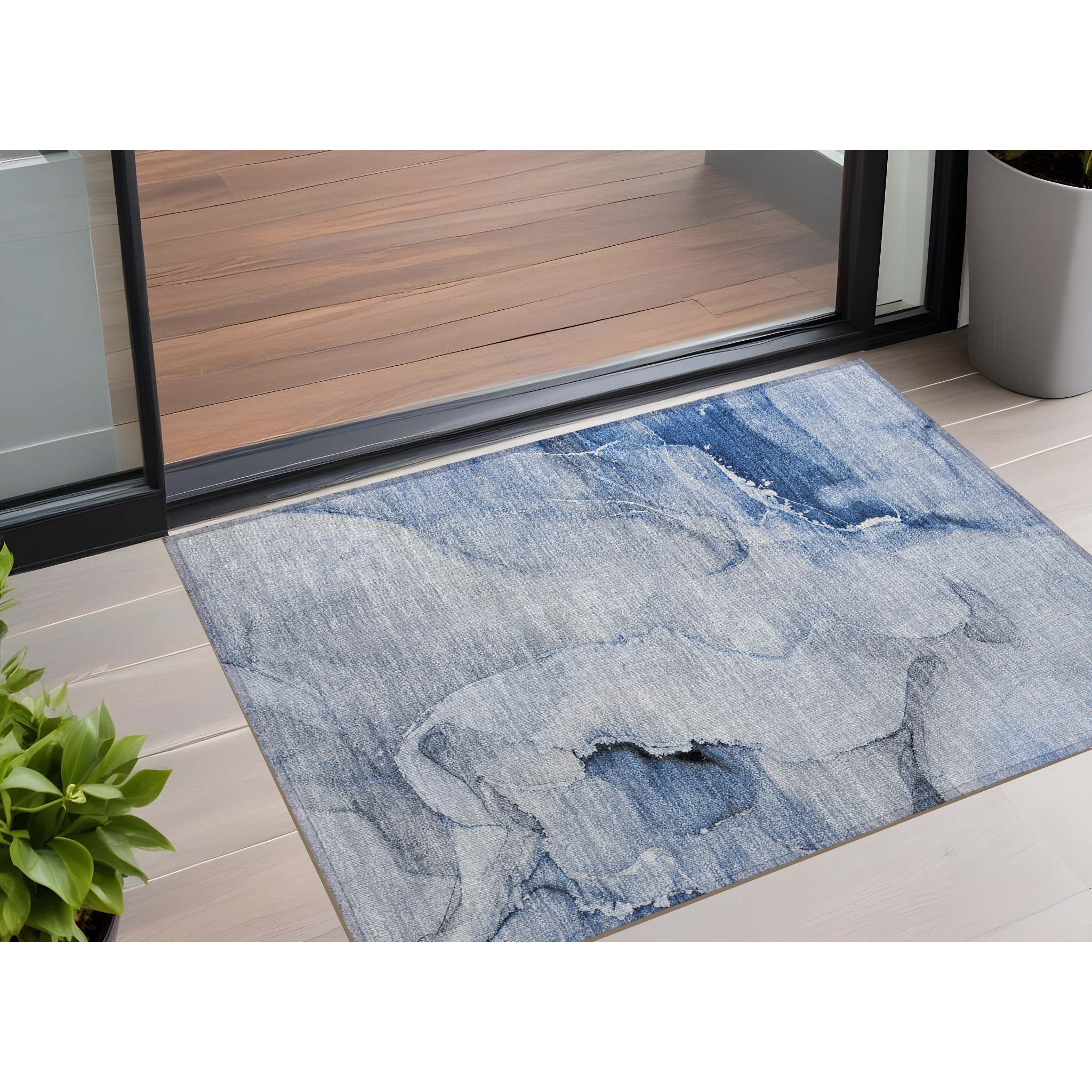 2' X 3' Blue Abstract Washable Indoor Outdoor Area Rug