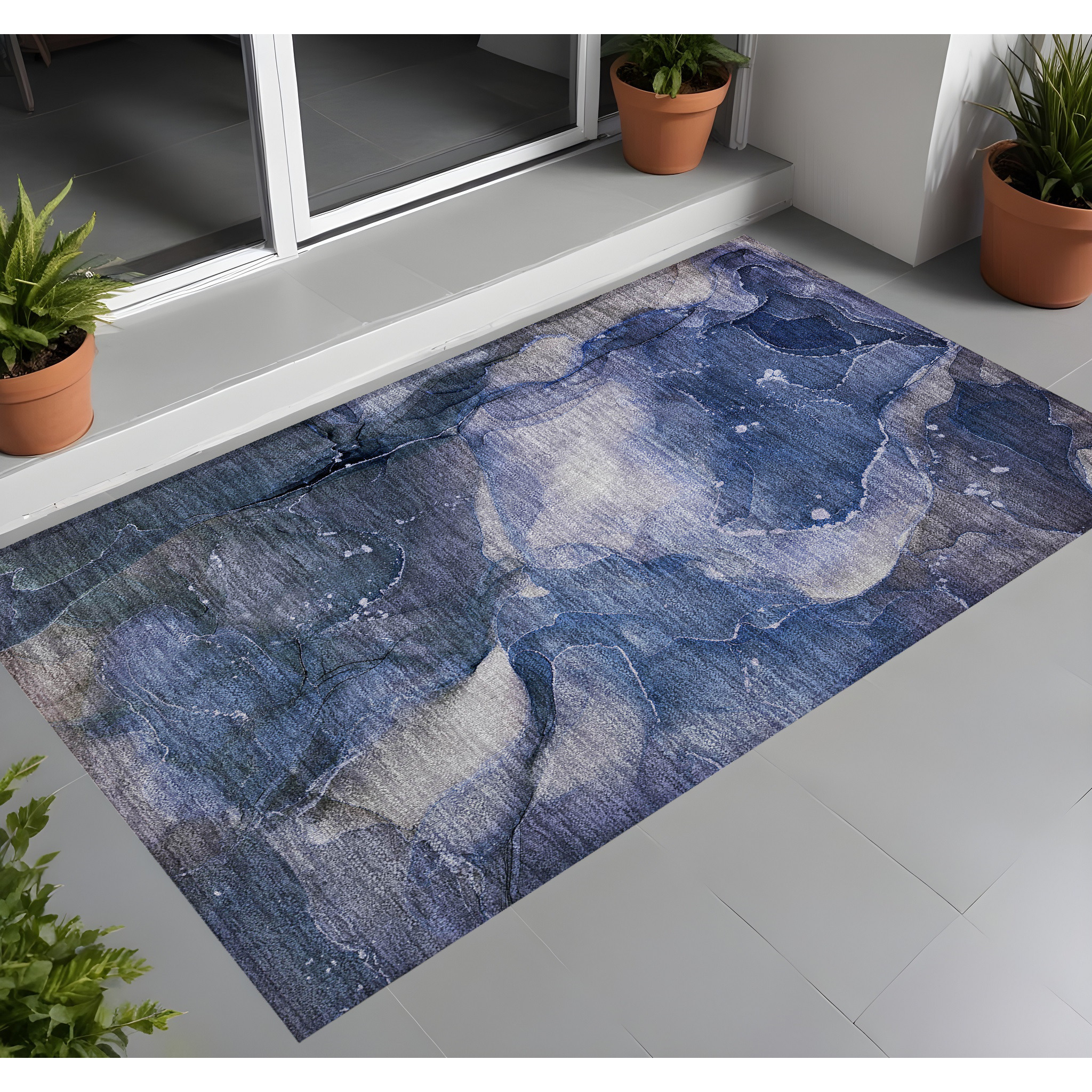 2' X 3' Blue Abstract Washable Non Skid Indoor Outdoor Area Rug
