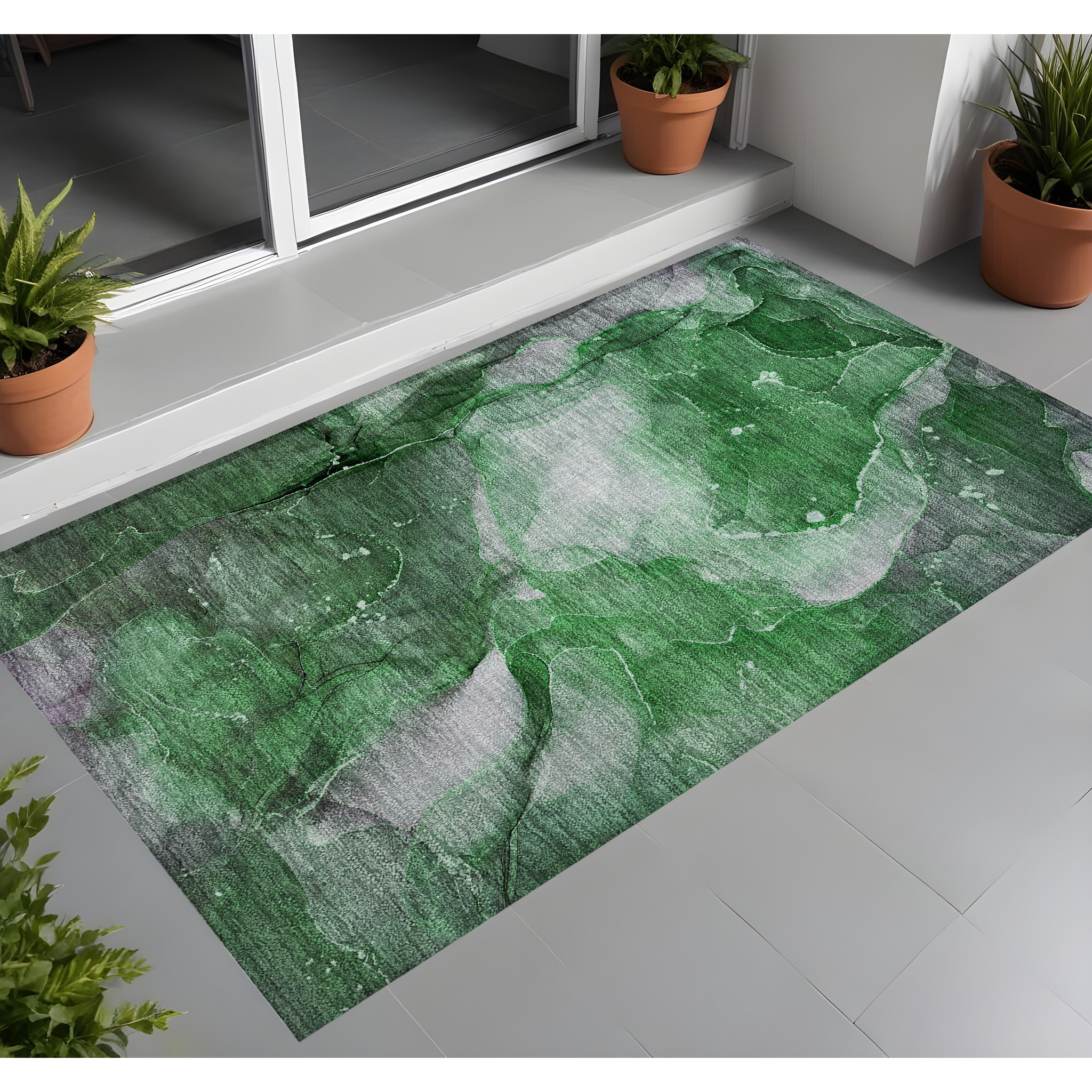 2' X 3' Emerald Abstract Washable Non Skid Indoor Outdoor Area Rug