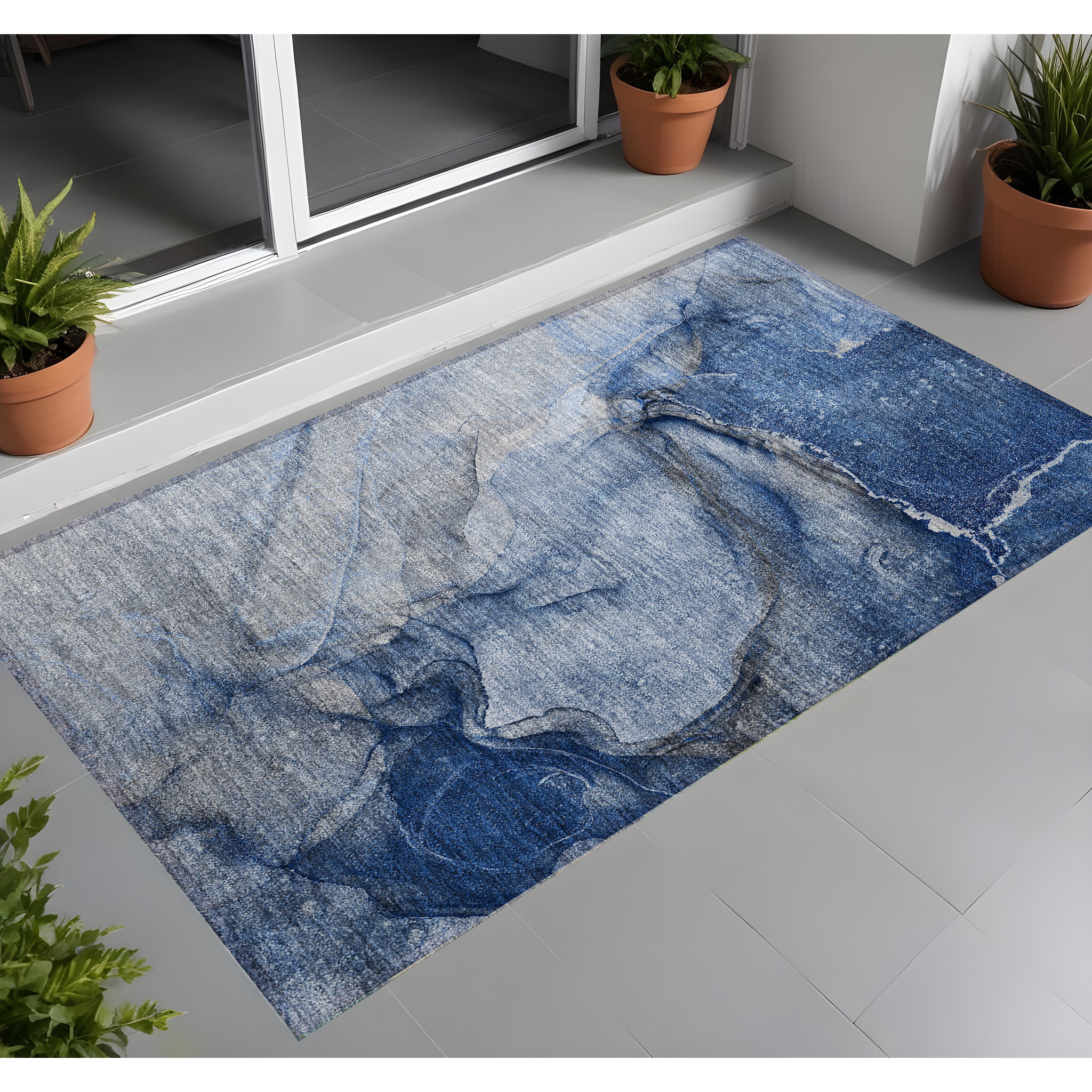 2' X 3' Navy Blue Abstract Washable Non Skid Indoor Outdoor Area Rug