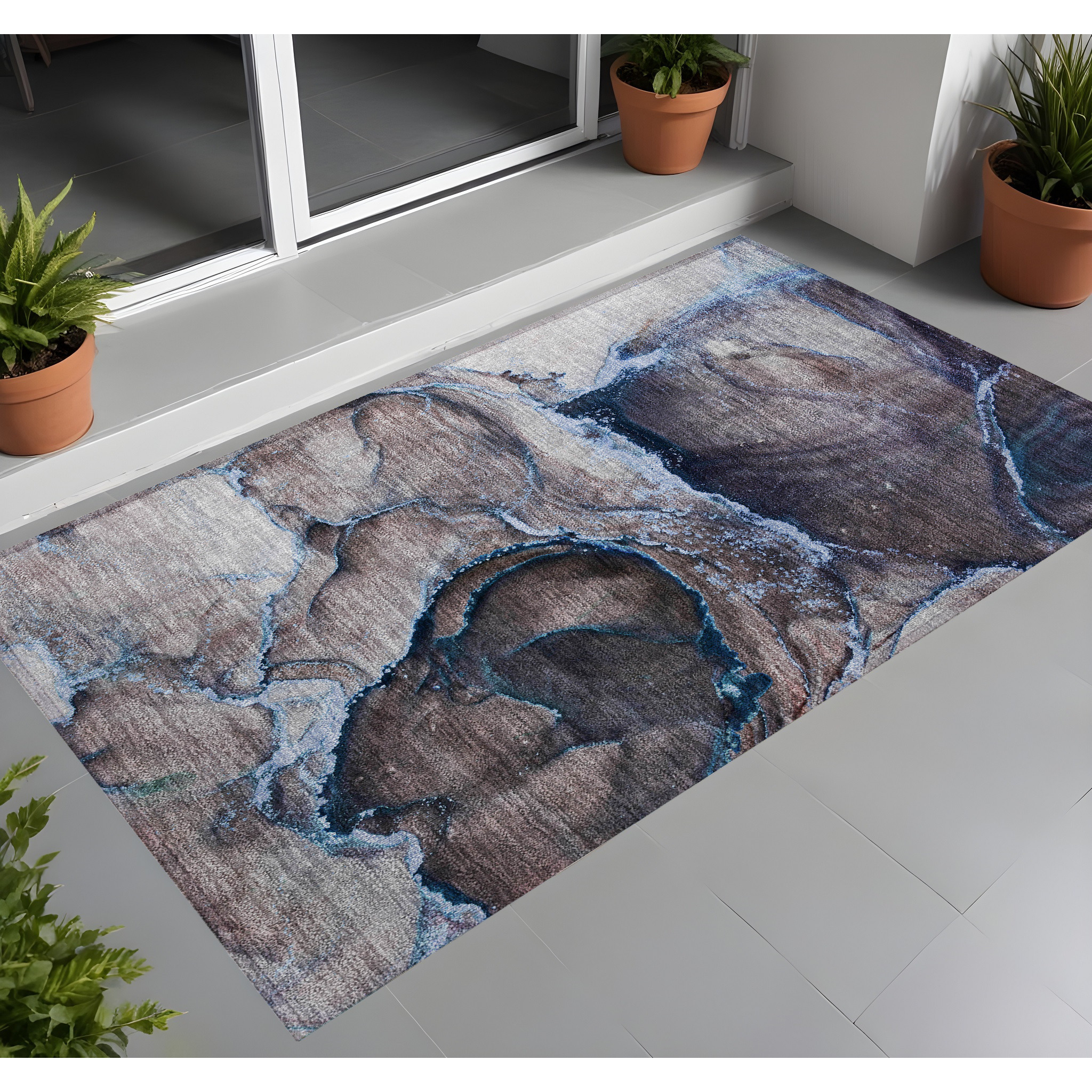 2' X 3' Navy Blue Abstract Washable Non Skid Indoor Outdoor Area Rug