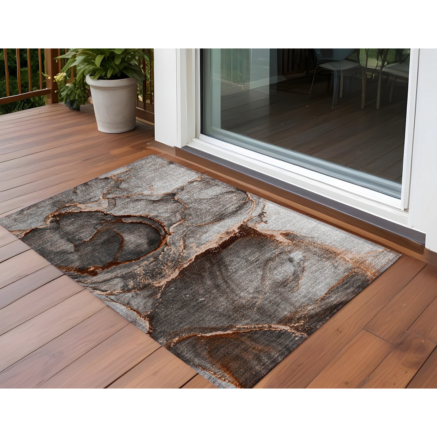 2' X 3' Peach Abstract Washable Non Skid Indoor Outdoor Area Rug