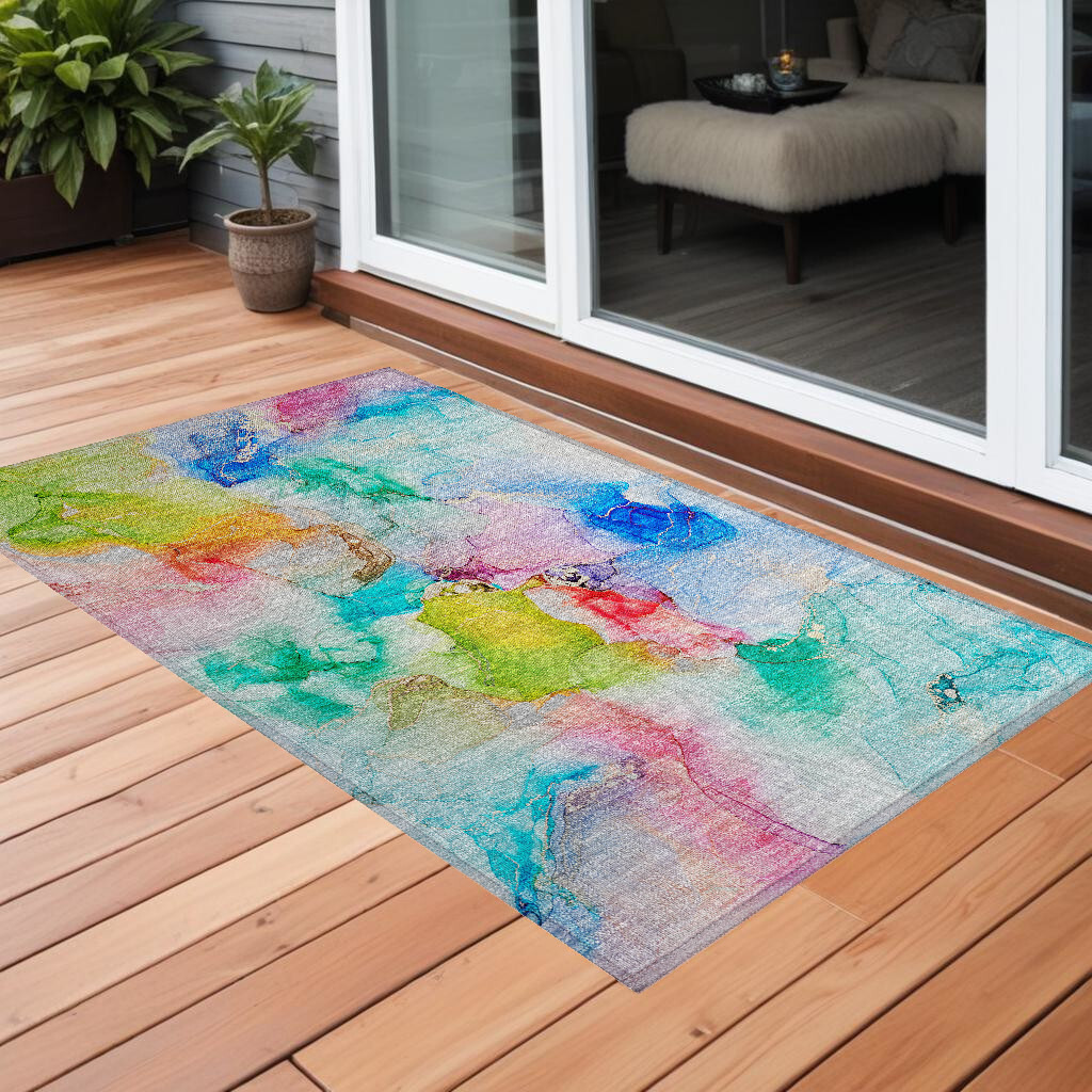 2' X 3' Blue Abstract Washable Non Skid Indoor Outdoor Area Rug