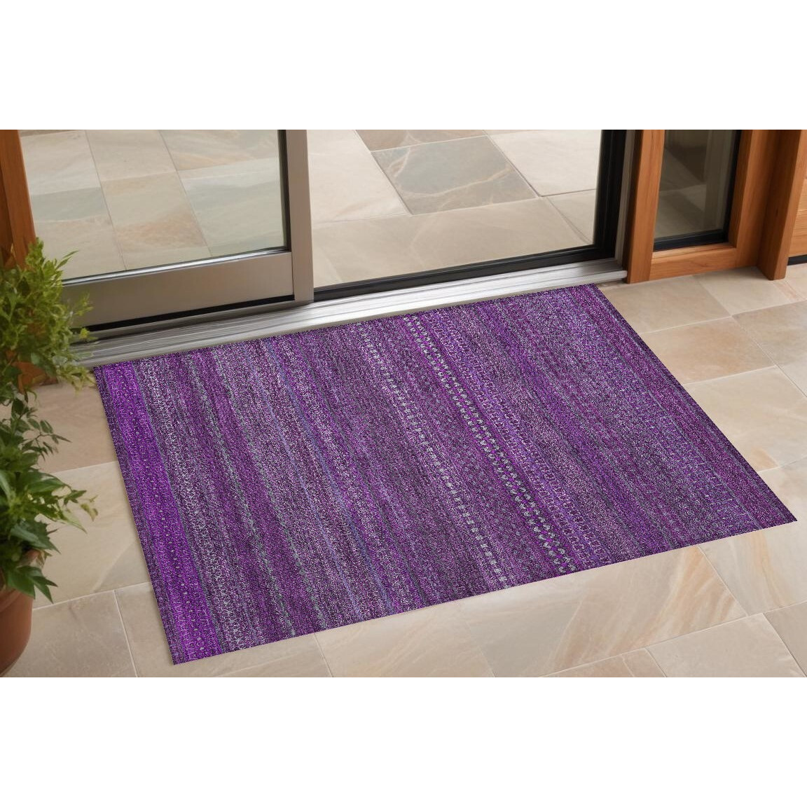 2' X 3' Eggplant Striped Washable Non Skid Indoor Outdoor Area Rug