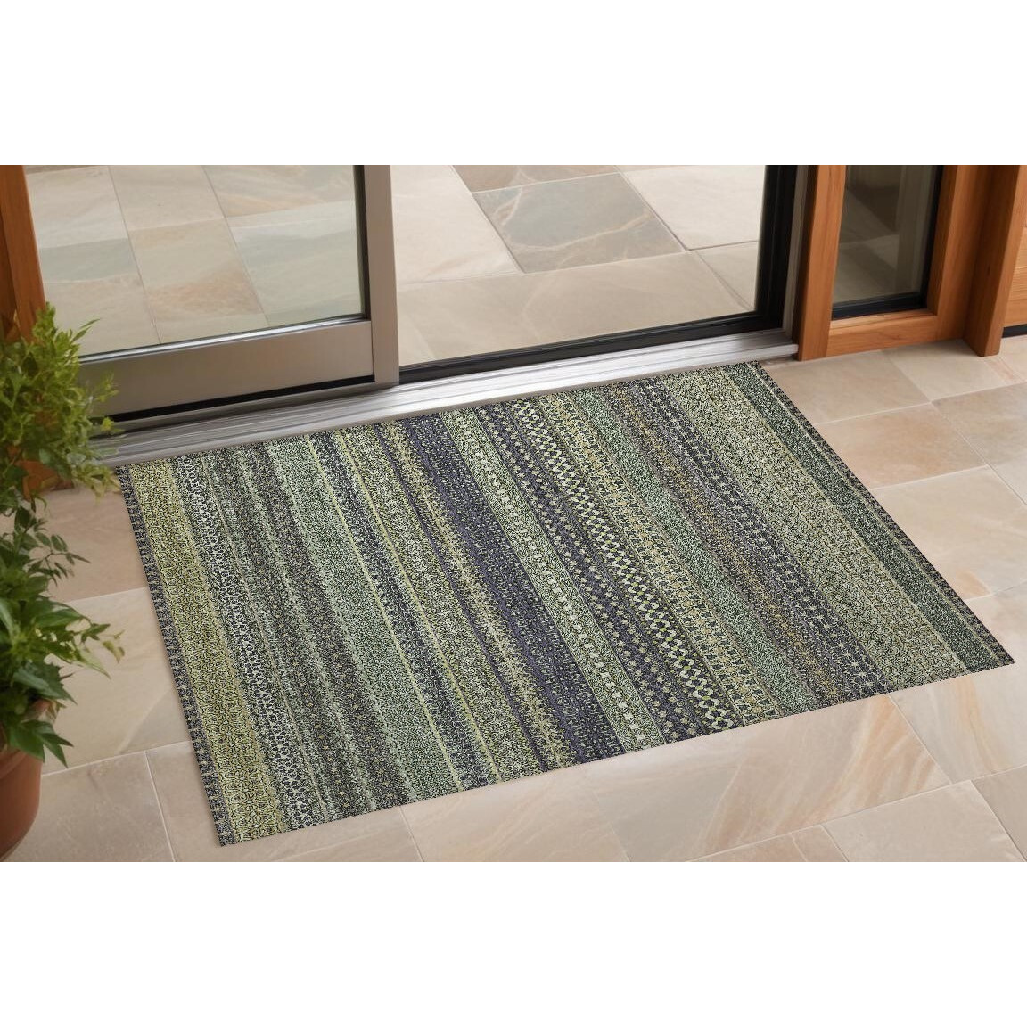 2' X 3' Sage Striped Washable Non Skid Indoor Outdoor Area Rug