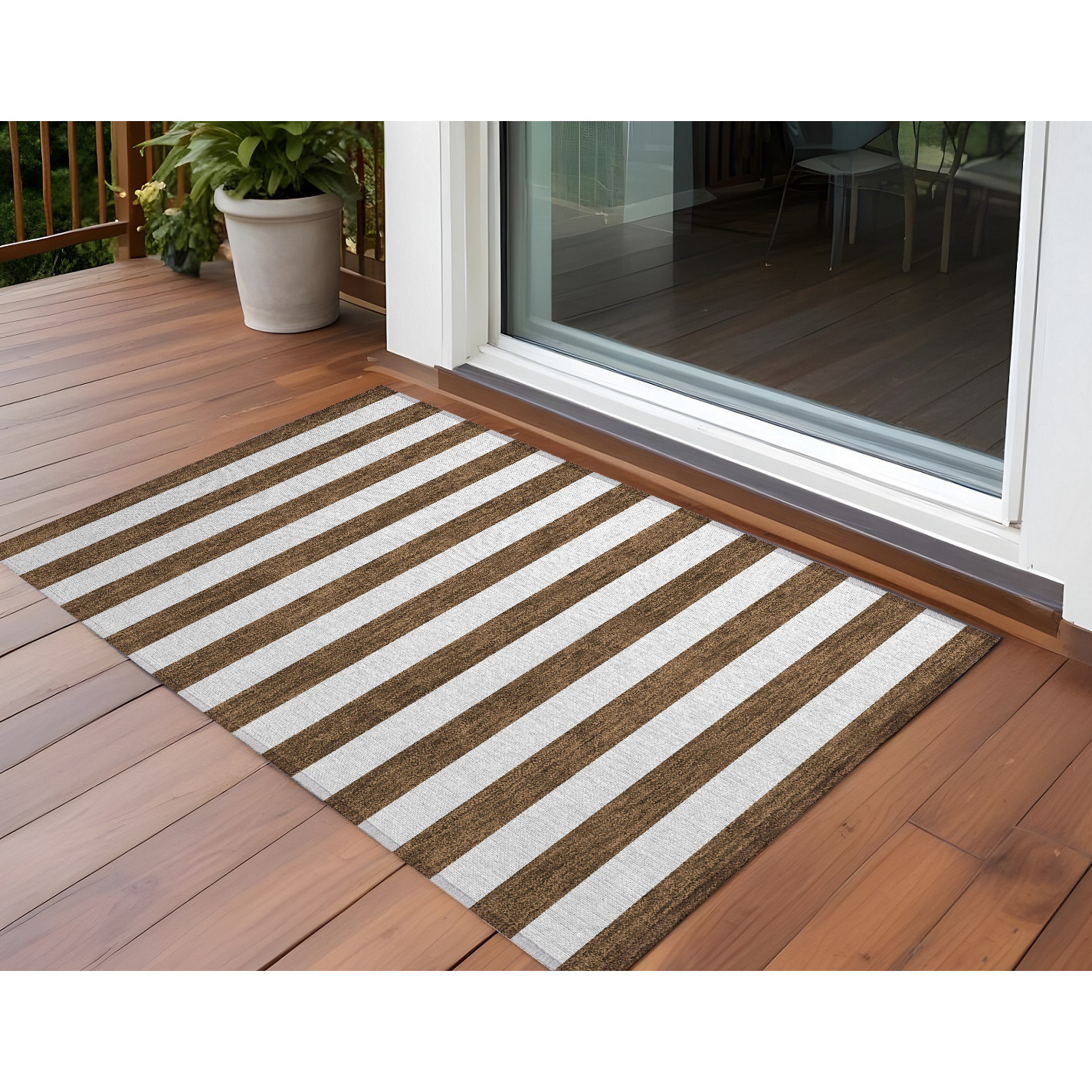 2' X 3' Chocolate Striped Washable Non Skid Indoor Outdoor Area Rug
