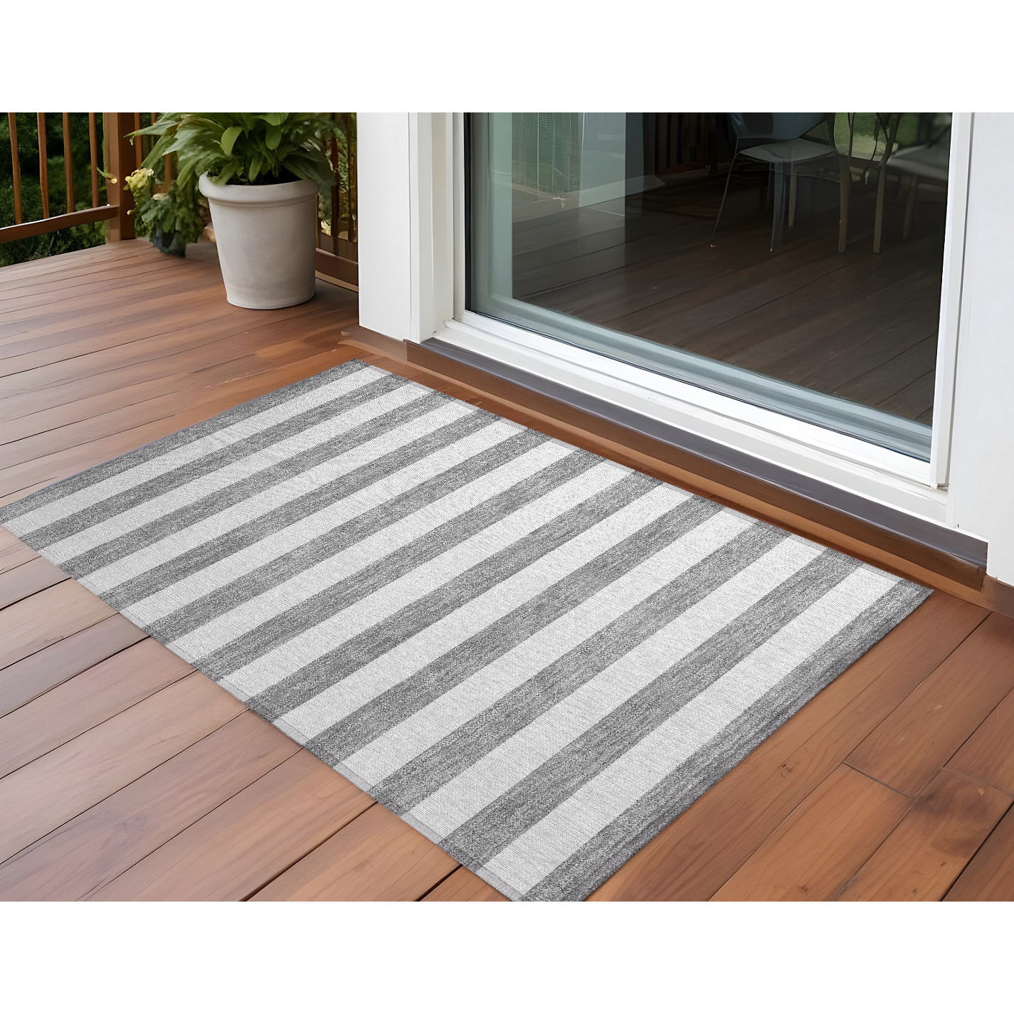 2' X 3' Gray and White Striped Washable Non Skid Indoor Outdoor Area Rug