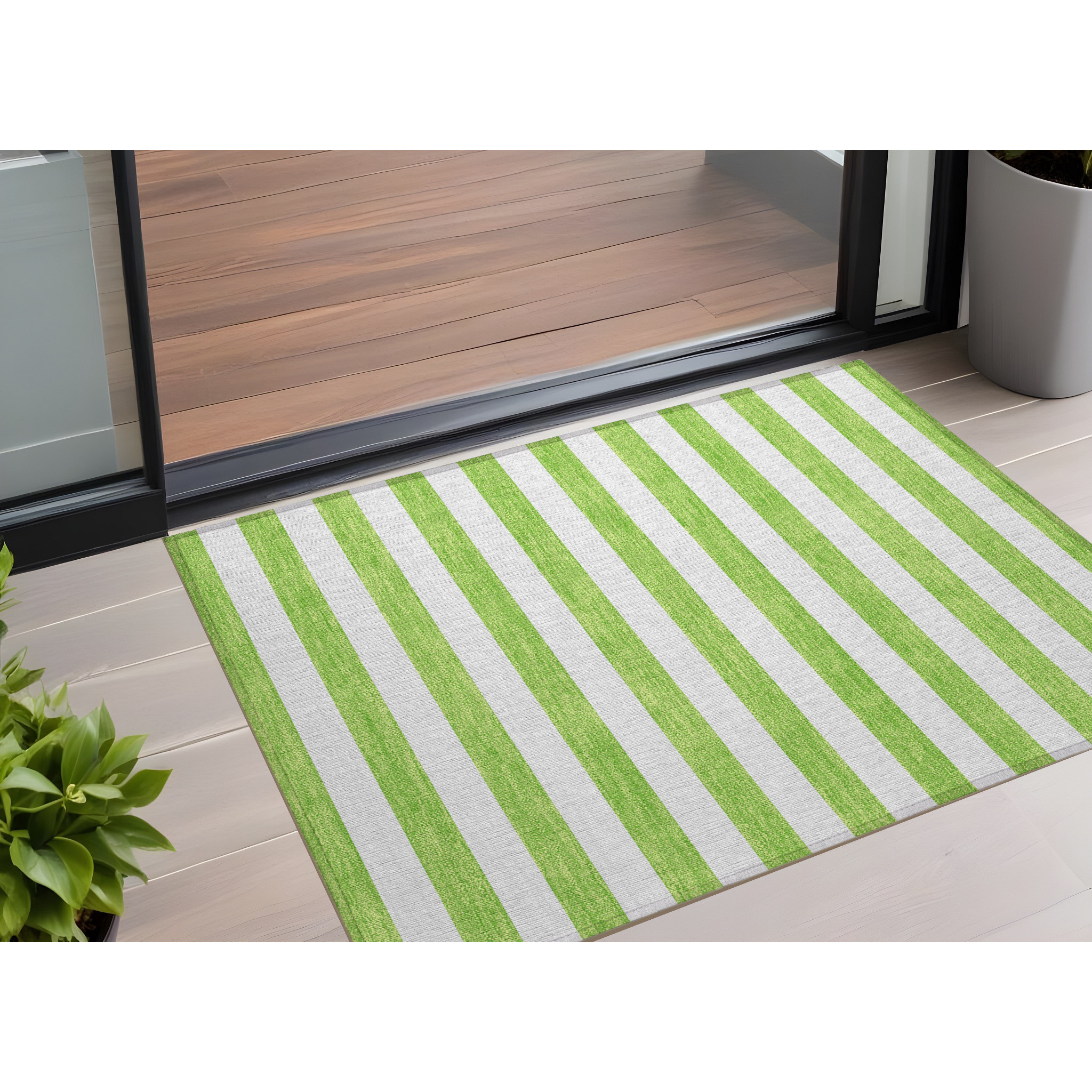 2' X 3' Green and White Striped Washable Non Skid Indoor Outdoor Area Rug