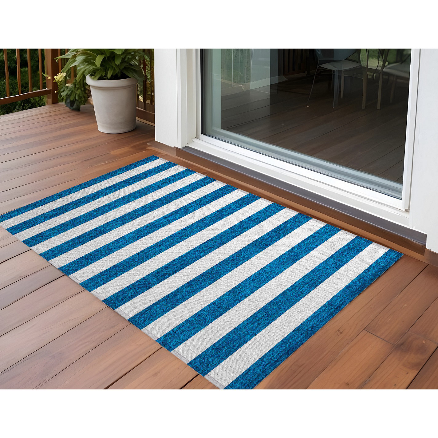 2' X 3' Navy Blue Striped Washable Non Skid Indoor Outdoor Area Rug