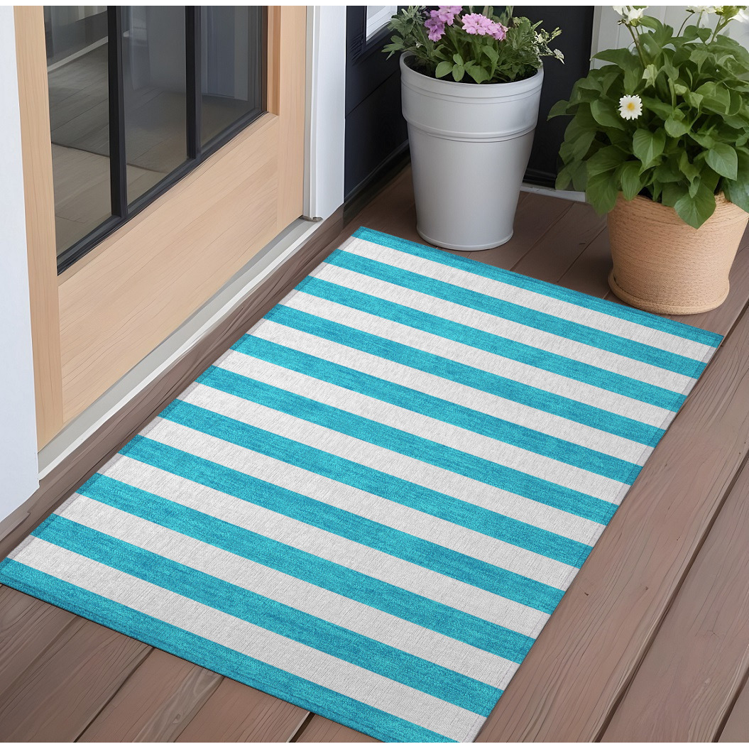 2' X 3' Teal Striped Washable Non Skid Indoor Outdoor Area Rug
