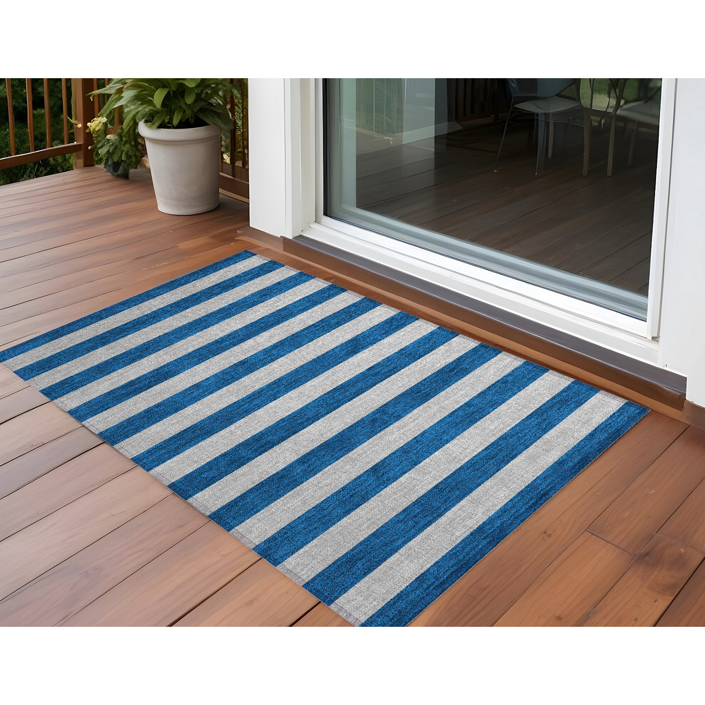 2' X 3' Blue and Ivory Striped Washable Non Skid Indoor Outdoor Area Rug