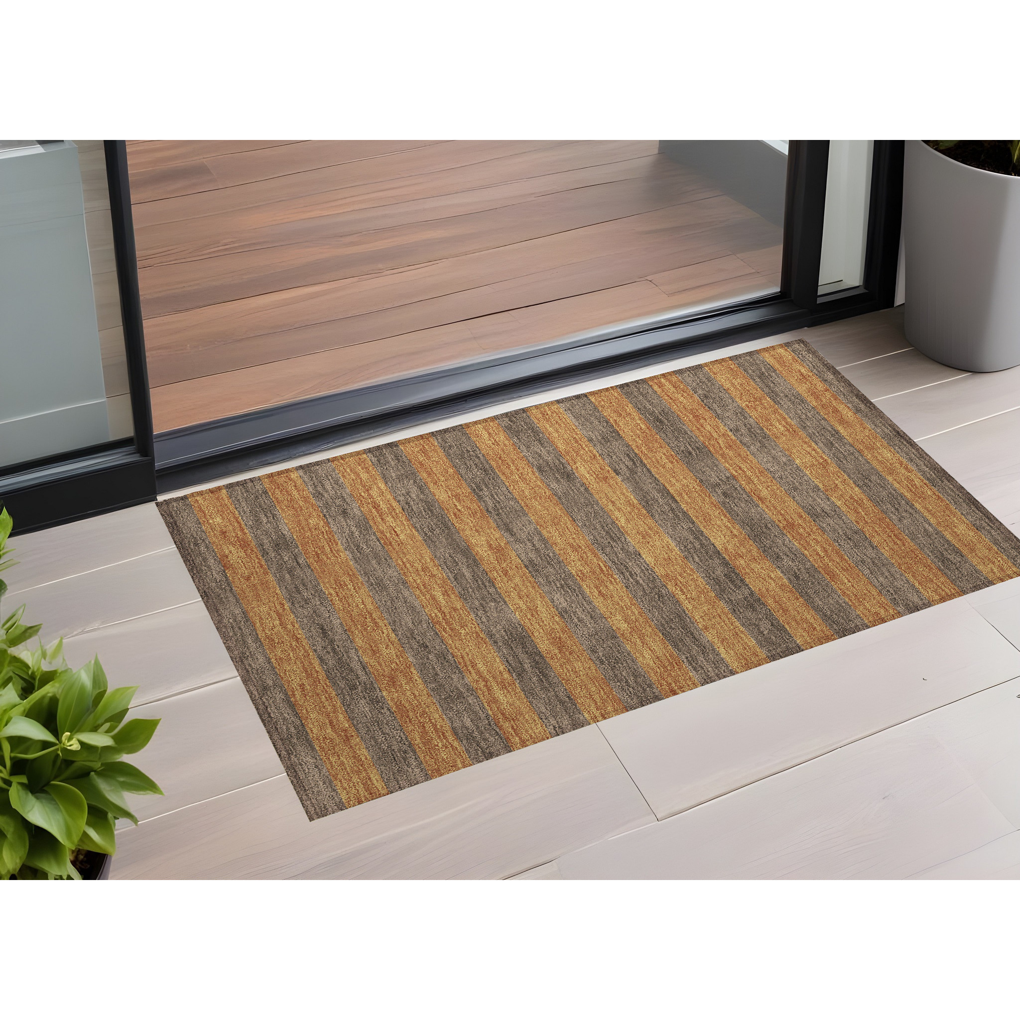 2' X 3' Brown and Tan Striped Washable Non Skid Indoor Outdoor Area Rug