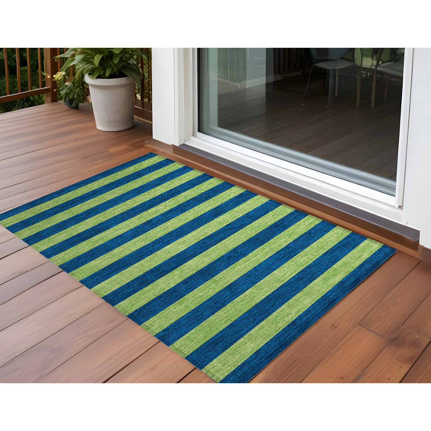 2' X 3' Navy Blue Striped Washable Non Skid Indoor Outdoor Area Rug