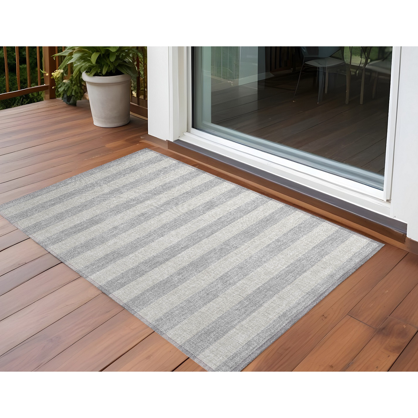 2' X 3' Gray and Ivory Striped Washable Non Skid Indoor Outdoor Area Rug