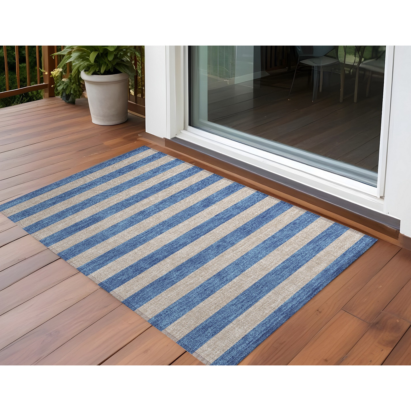 2' X 3' Tan Striped Washable Non Skid Indoor Outdoor Area Rug