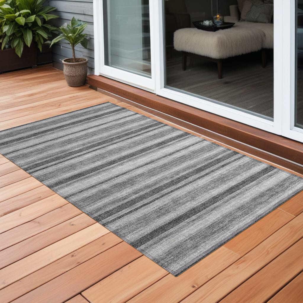 2' X 3' Gray and Black Striped Washable Non Skid Indoor Outdoor Area Rug