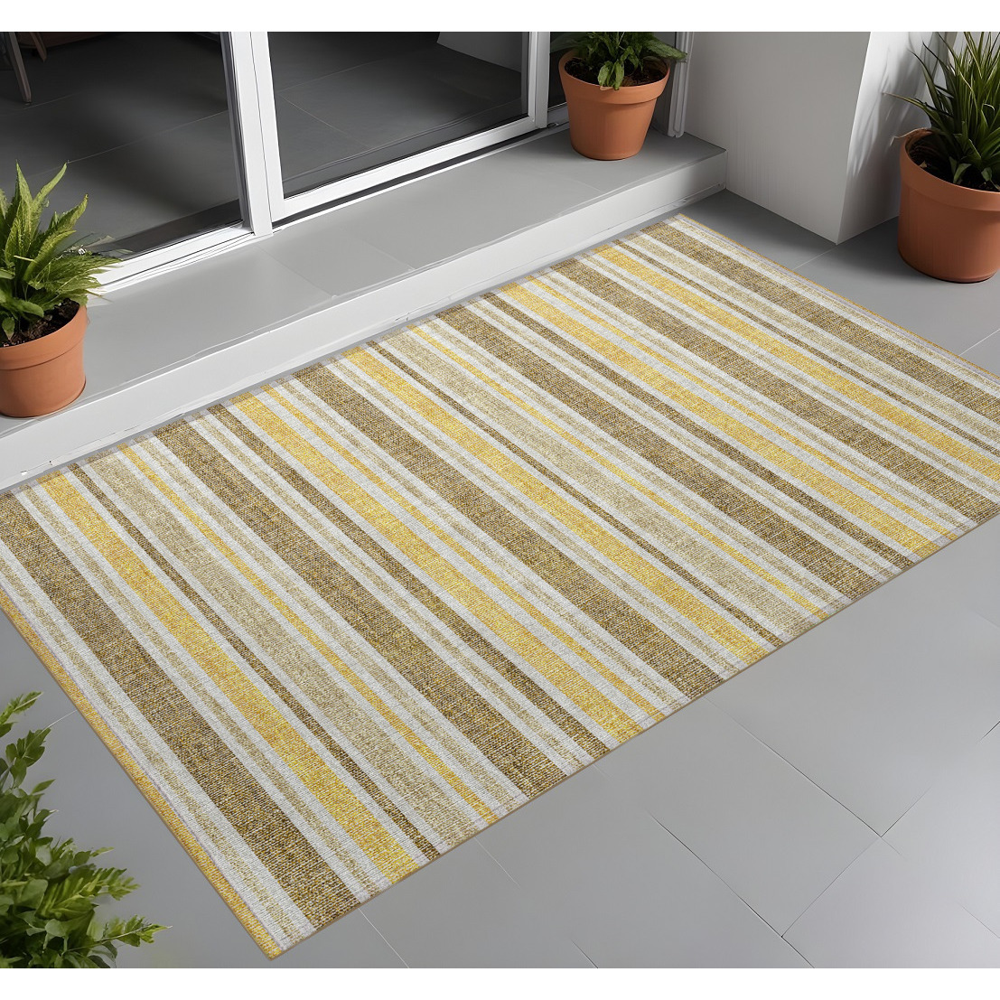 2' X 3' Brown and Orange Striped Washable Non Skid Indoor Outdoor Area Rug
