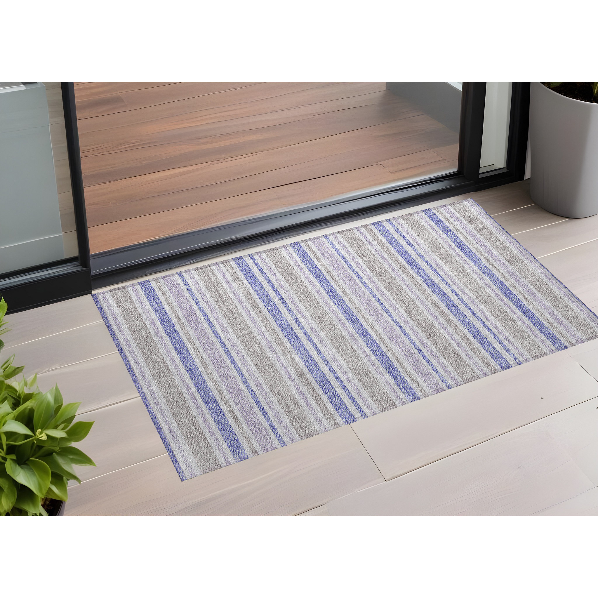 2' X 3' Ivory Blue and Gray Striped Washable Non Skid Indoor Outdoor Area Rug