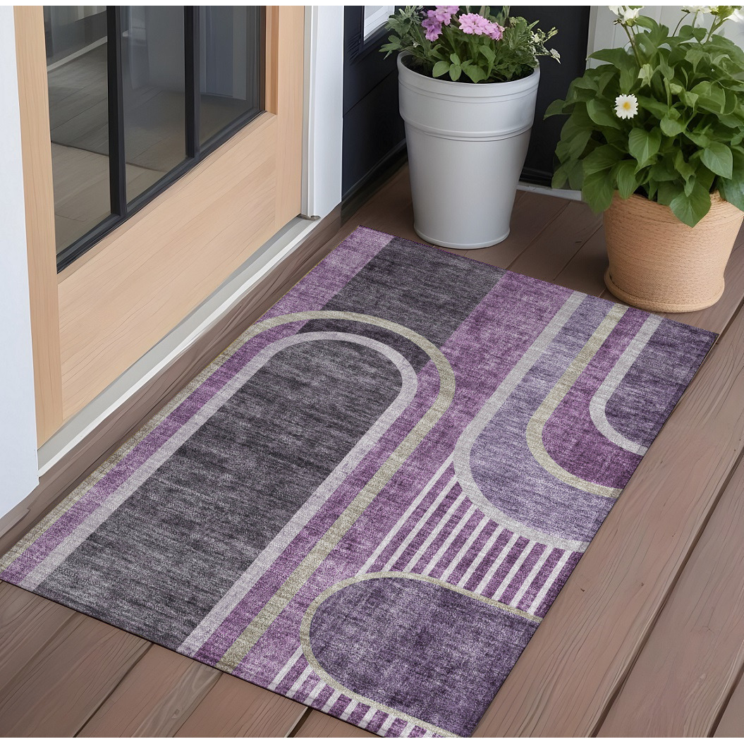 2' X 3' Purple and Black Abstract Washable Non Skid Indoor Outdoor Area Rug