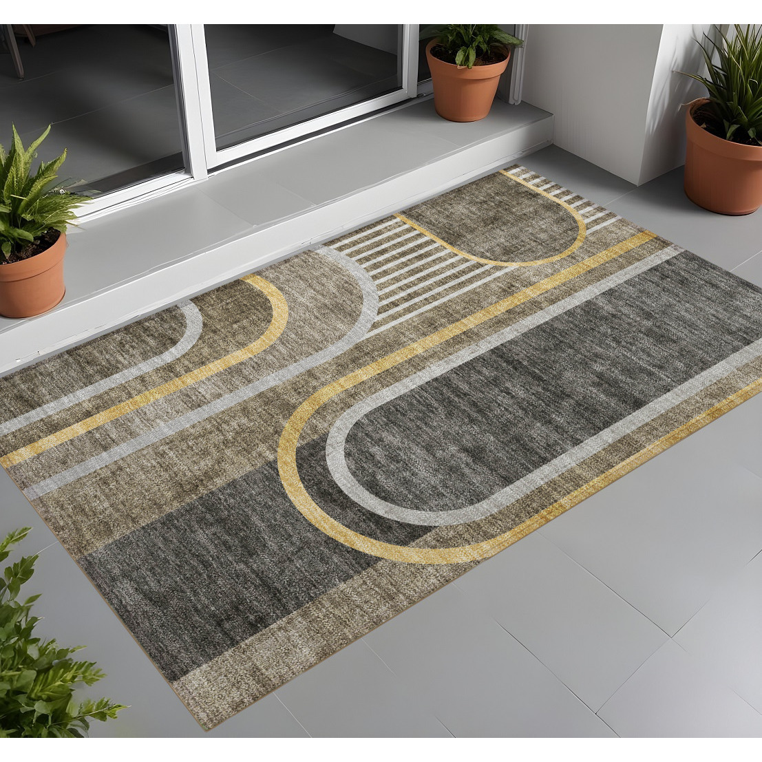 2' X 3' Taupe and Gray Abstract Washable Non Skid Indoor Outdoor Area Rug