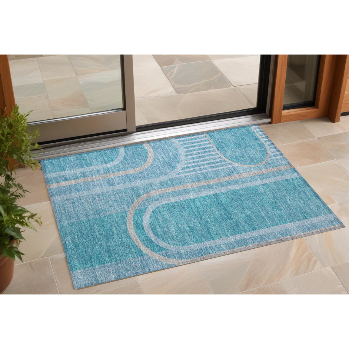 2' X 3' Teal Abstract Washable Non Skid Indoor Outdoor Area Rug