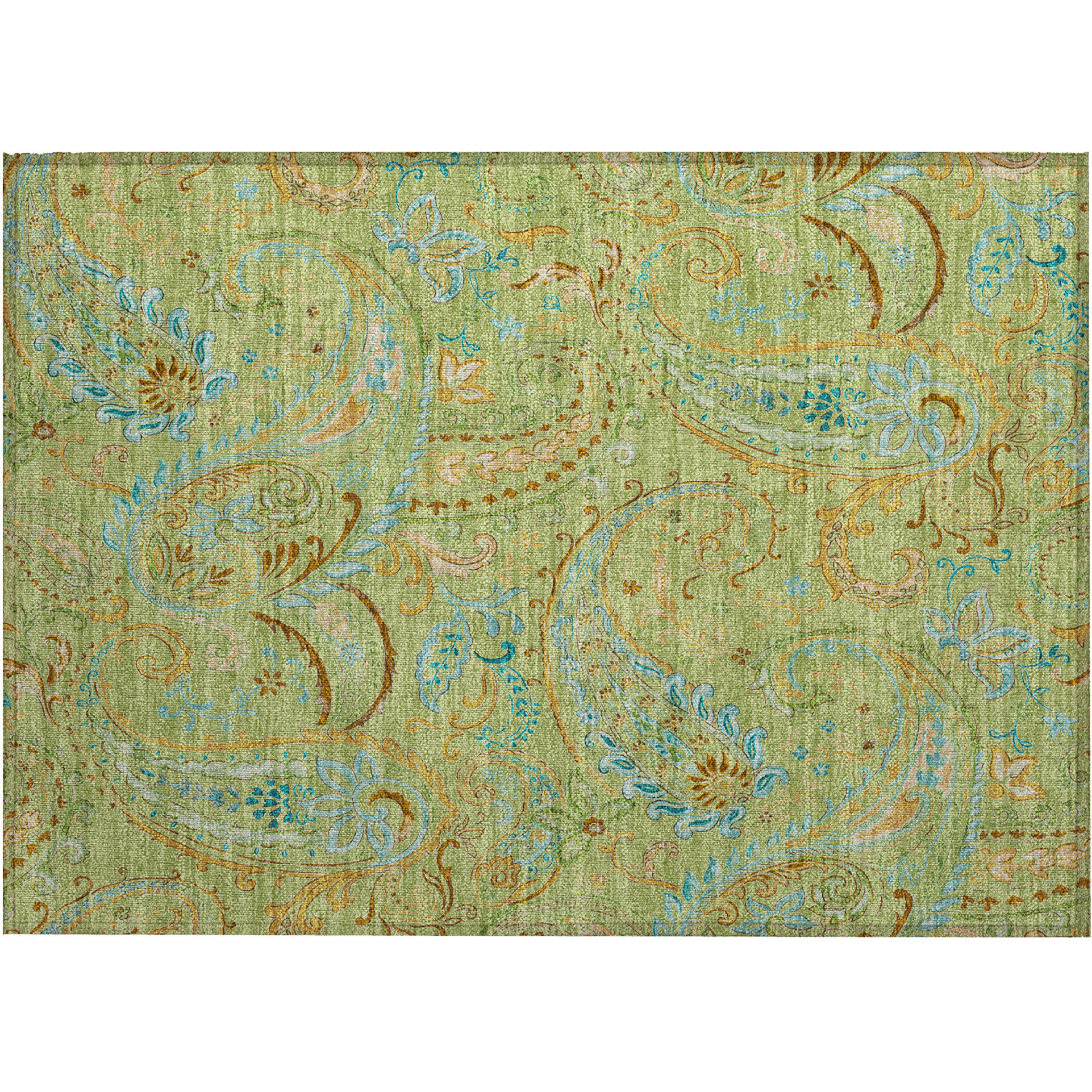 2' X 3' Artichoke Green Paisley Washable Non Skid Indoor Outdoor Area Rug