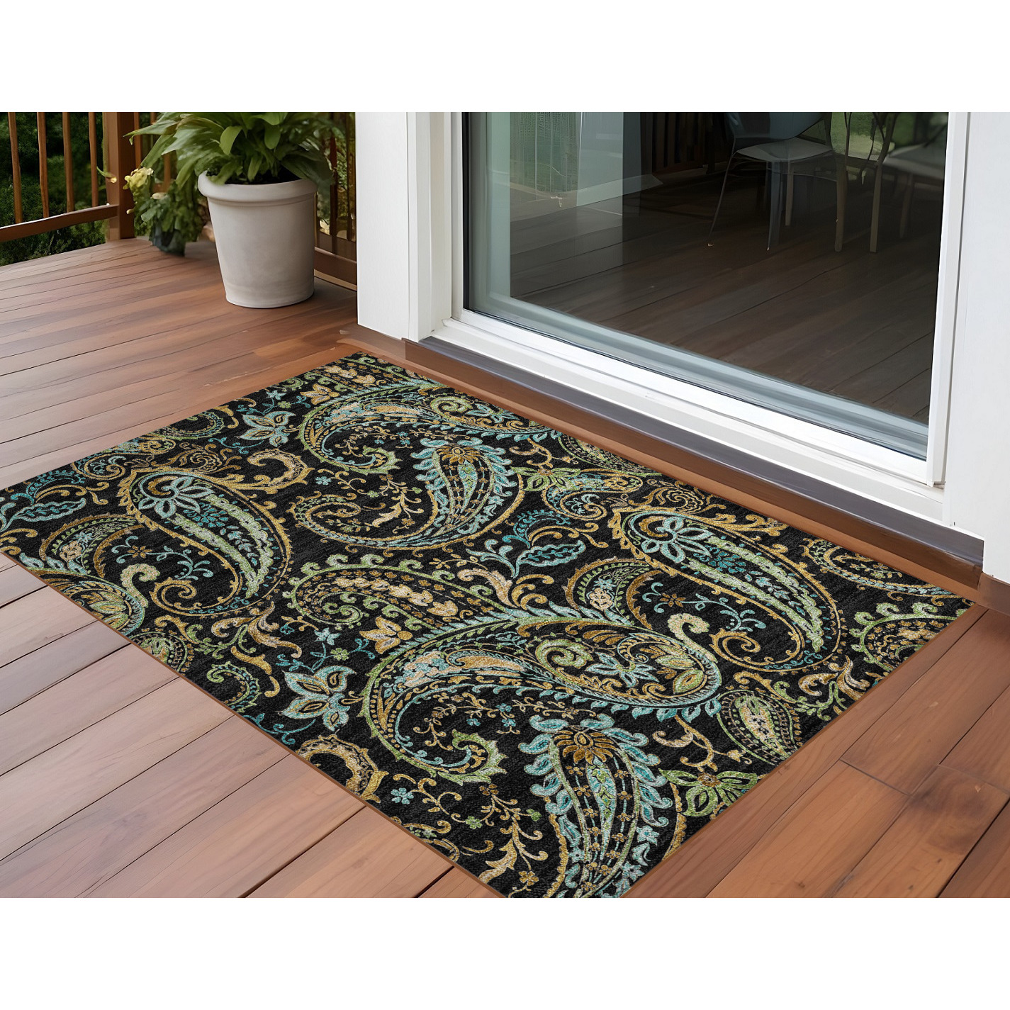 2' X 3' Black and Gold Paisley Washable Non Skid Indoor Outdoor Area Rug