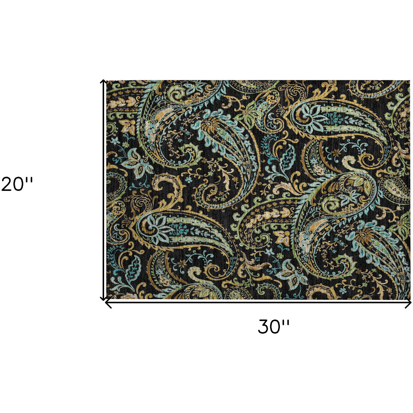 2' X 3' Black and Gold Paisley Washable Non Skid Indoor Outdoor Area Rug