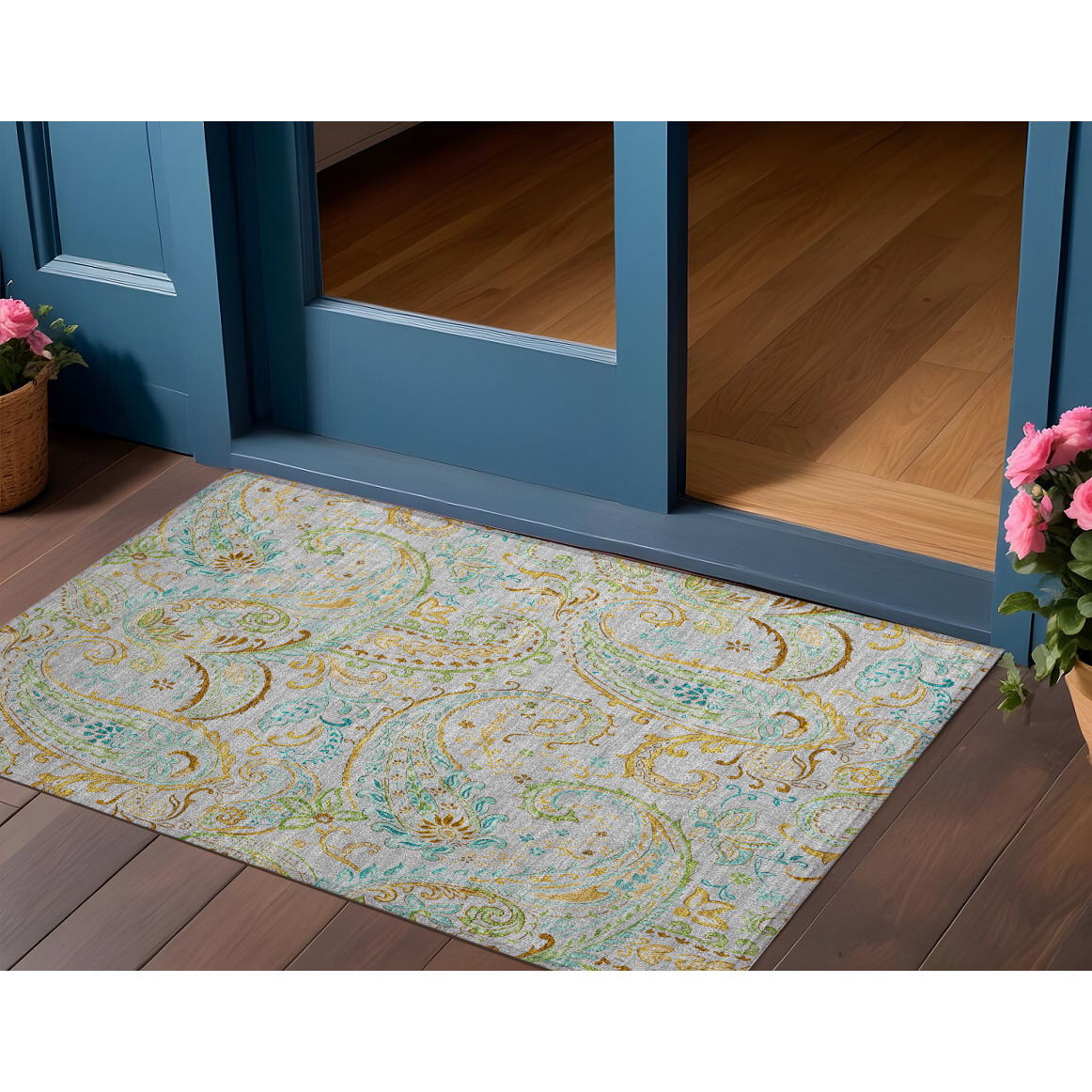 2' X 3' Gray and Gold Paisley Washable Non Skid Indoor Outdoor Area Rug