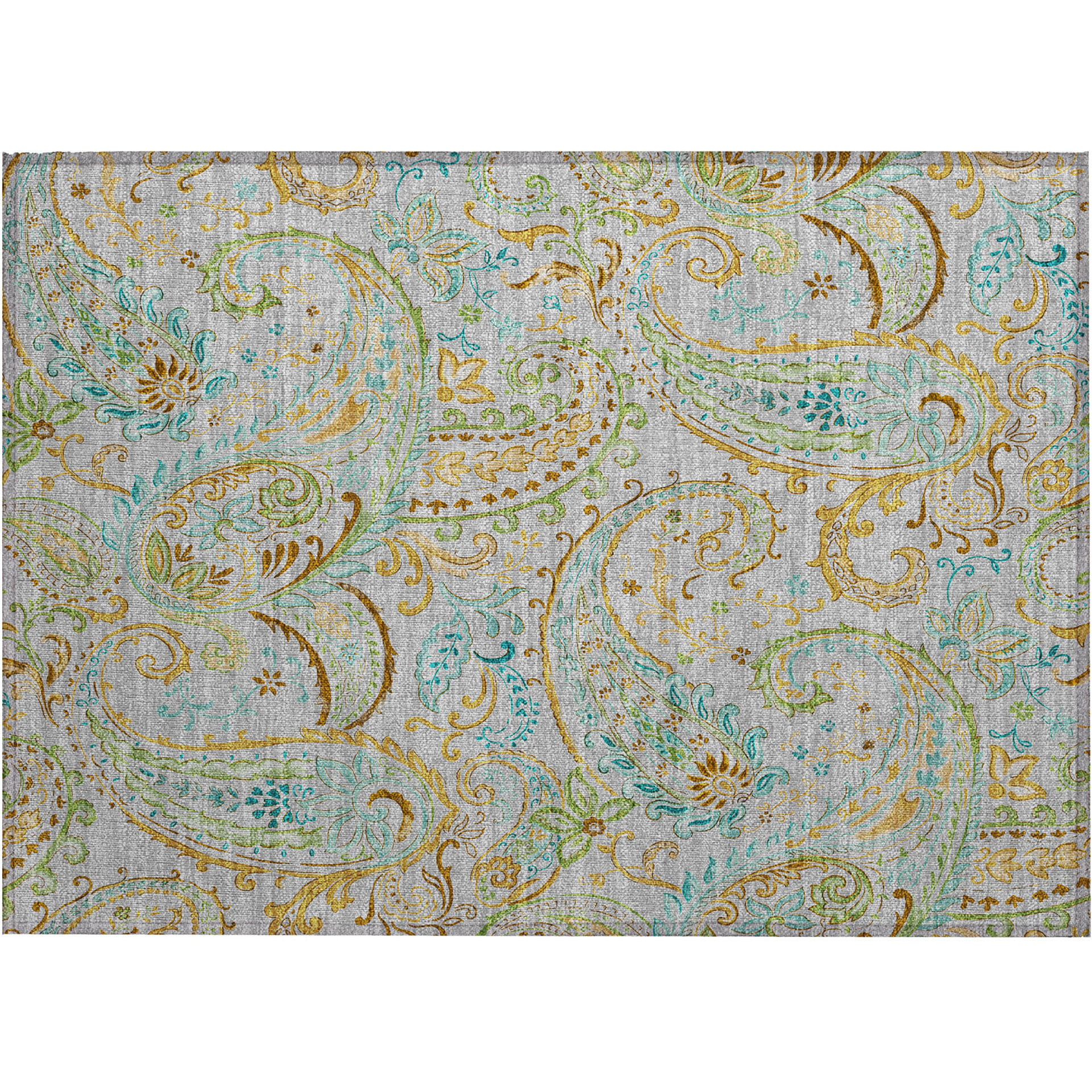 2' X 3' Gray and Gold Paisley Washable Non Skid Indoor Outdoor Area Rug