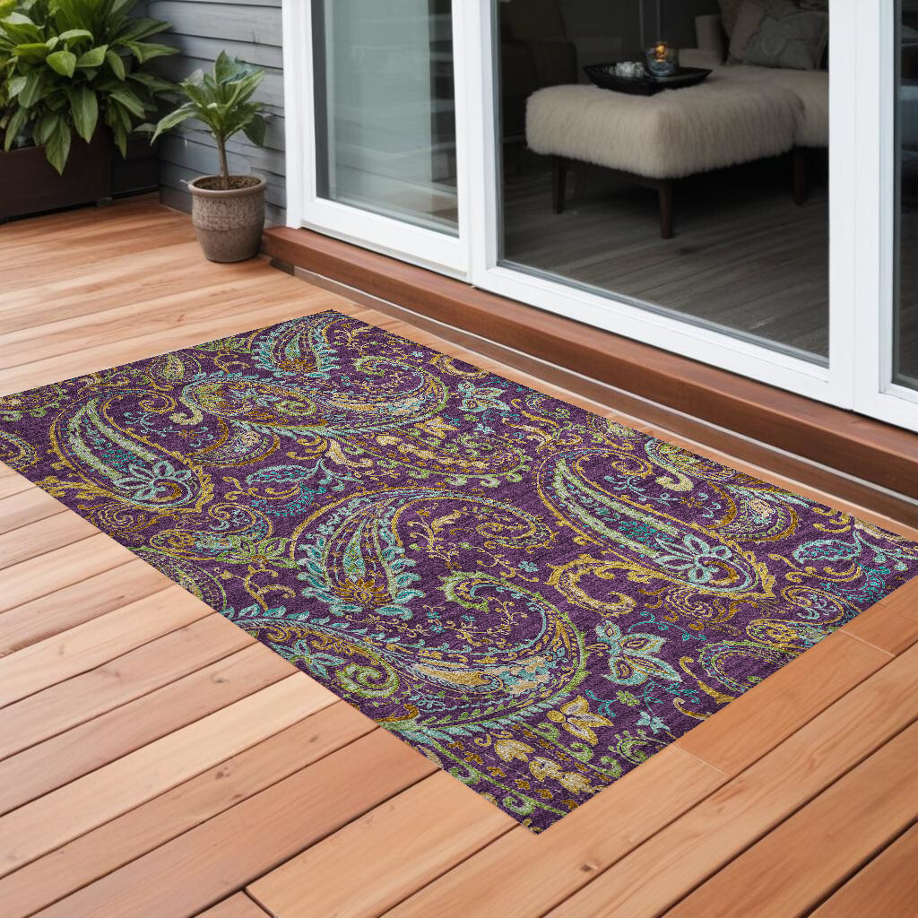2' X 3' Purple Paisley Washable Non Skid Indoor Outdoor Area Rug