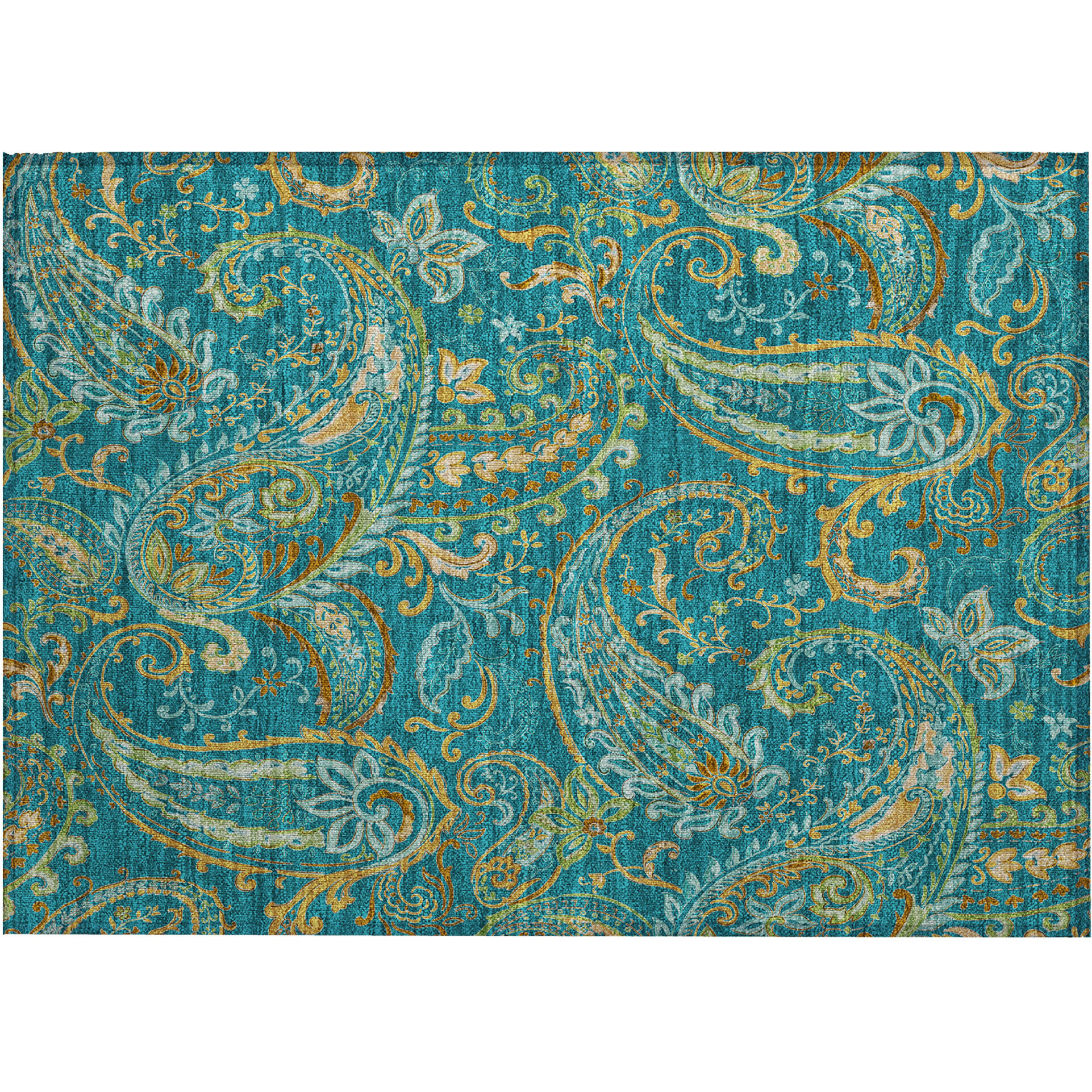 2' X 3' Teal Paisley Washable Non Skid Indoor Outdoor Area Rug