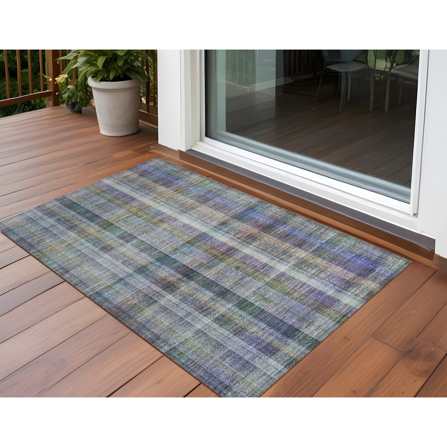 2' X 3' Green Plaid Washable Non Skid Indoor Outdoor Area Rug