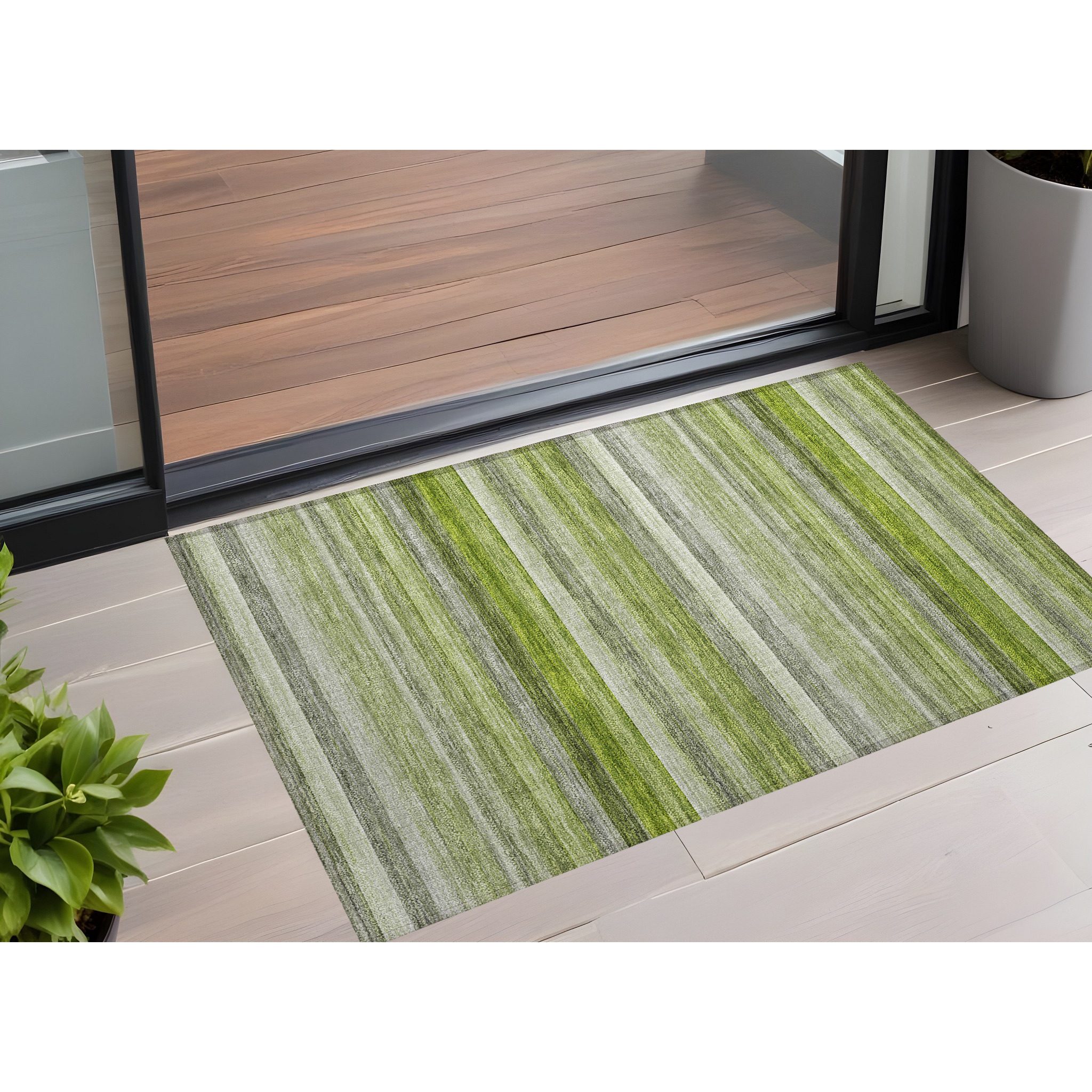 2' X 3' Fern Green Striped Washable Non Skid Indoor Outdoor Area Rug