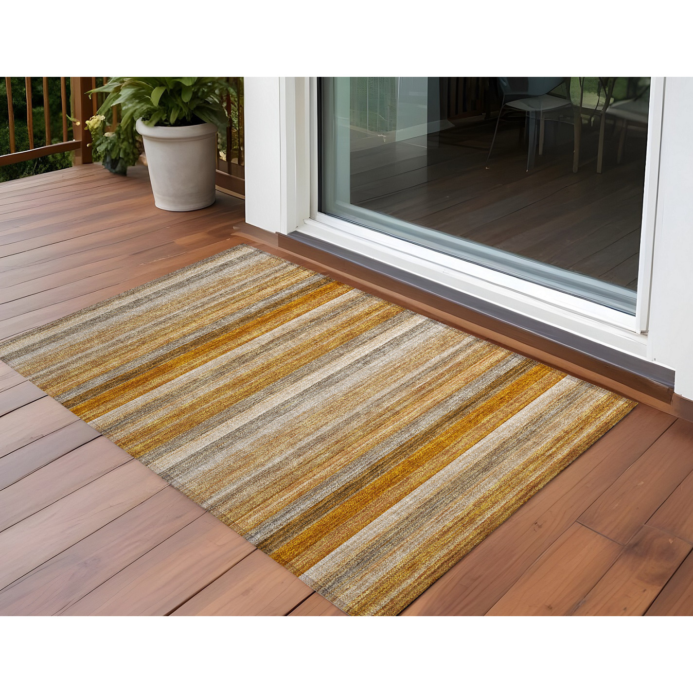 2' X 3' Brown and Orange Striped Washable Non Skid Indoor Outdoor Area Rug
