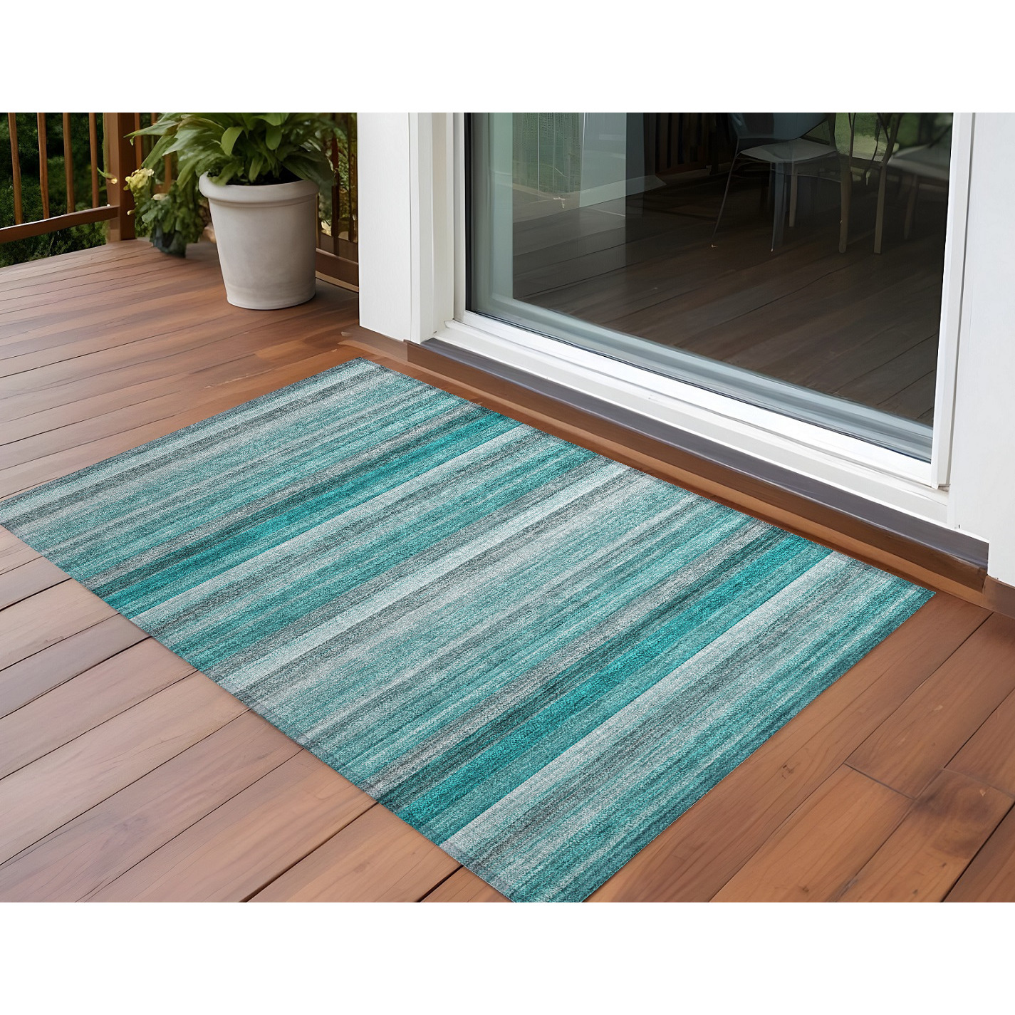 2' X 3' Teal Striped Washable Non Skid Indoor Outdoor Area Rug