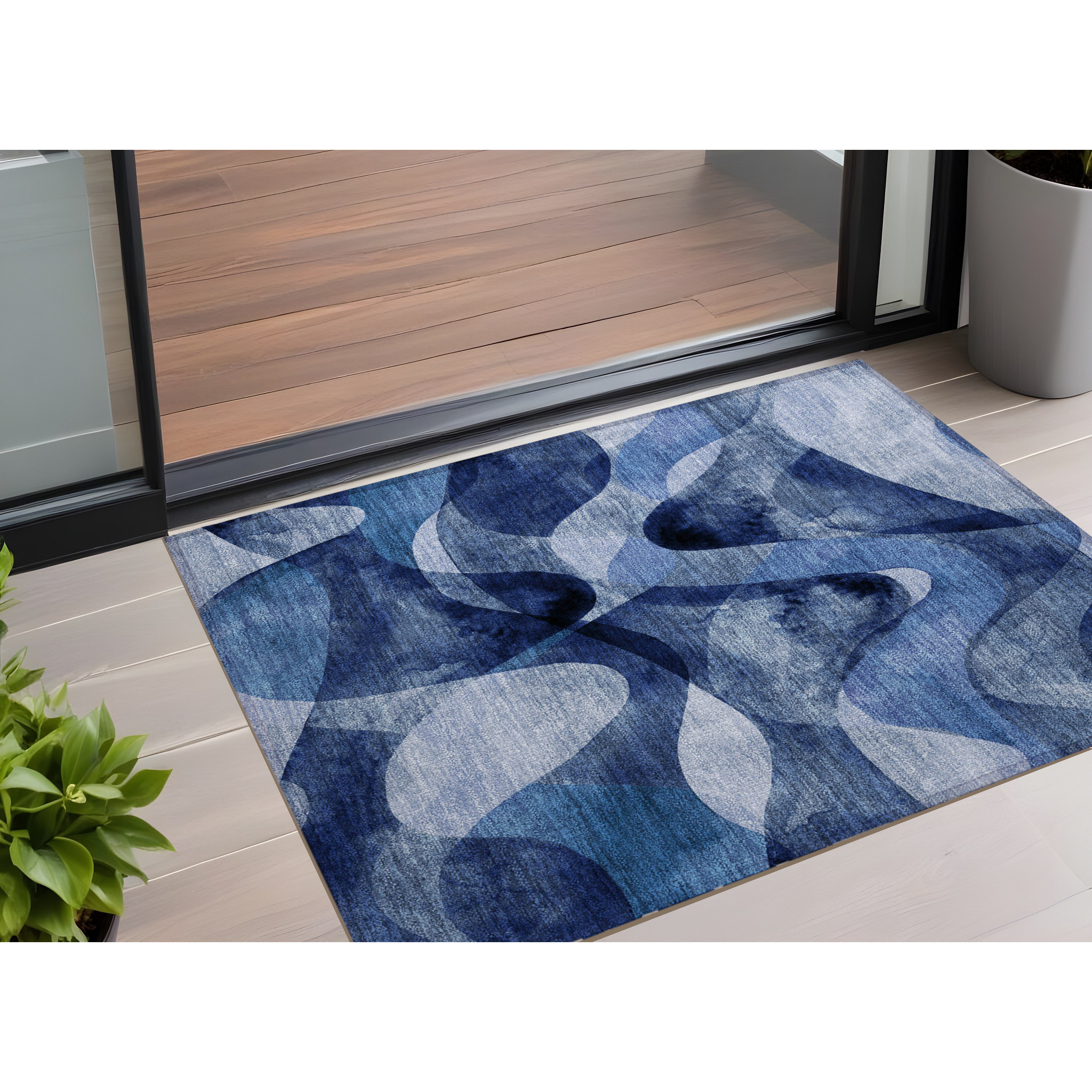 2' X 3' Navy Blue Abstract Washable Non Skid Indoor Outdoor Area Rug