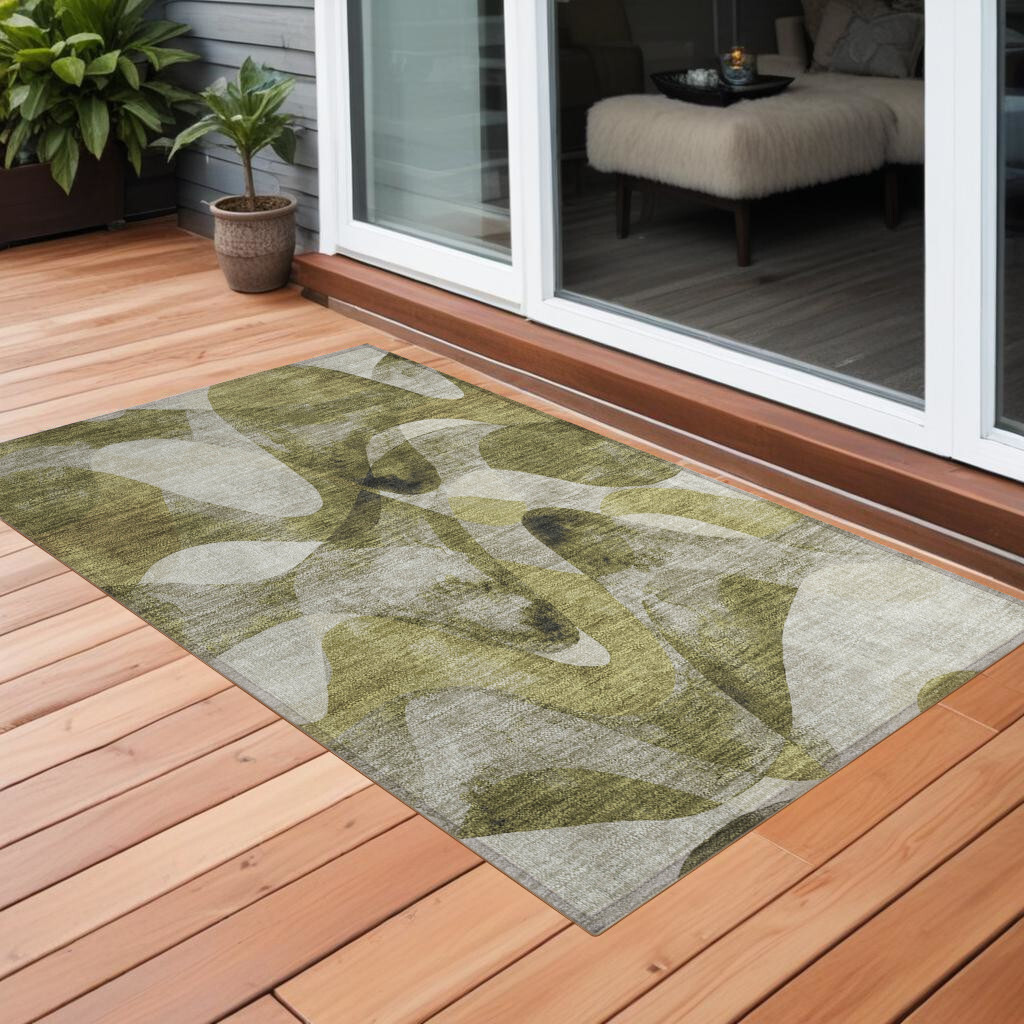 2' X 3' Olive Green Abstract Washable Non Skid Indoor Outdoor Area Rug