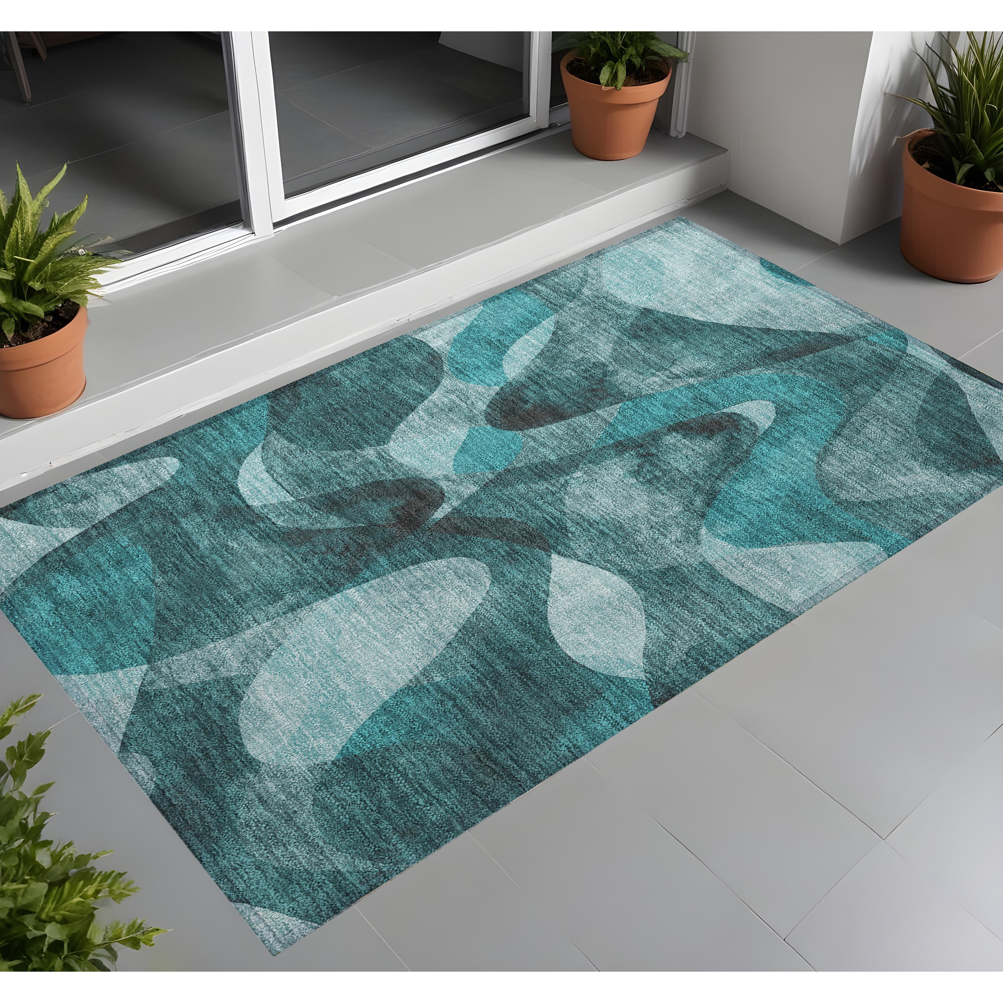 2' X 3' Teal Abstract Washable Non Skid Indoor Outdoor Area Rug