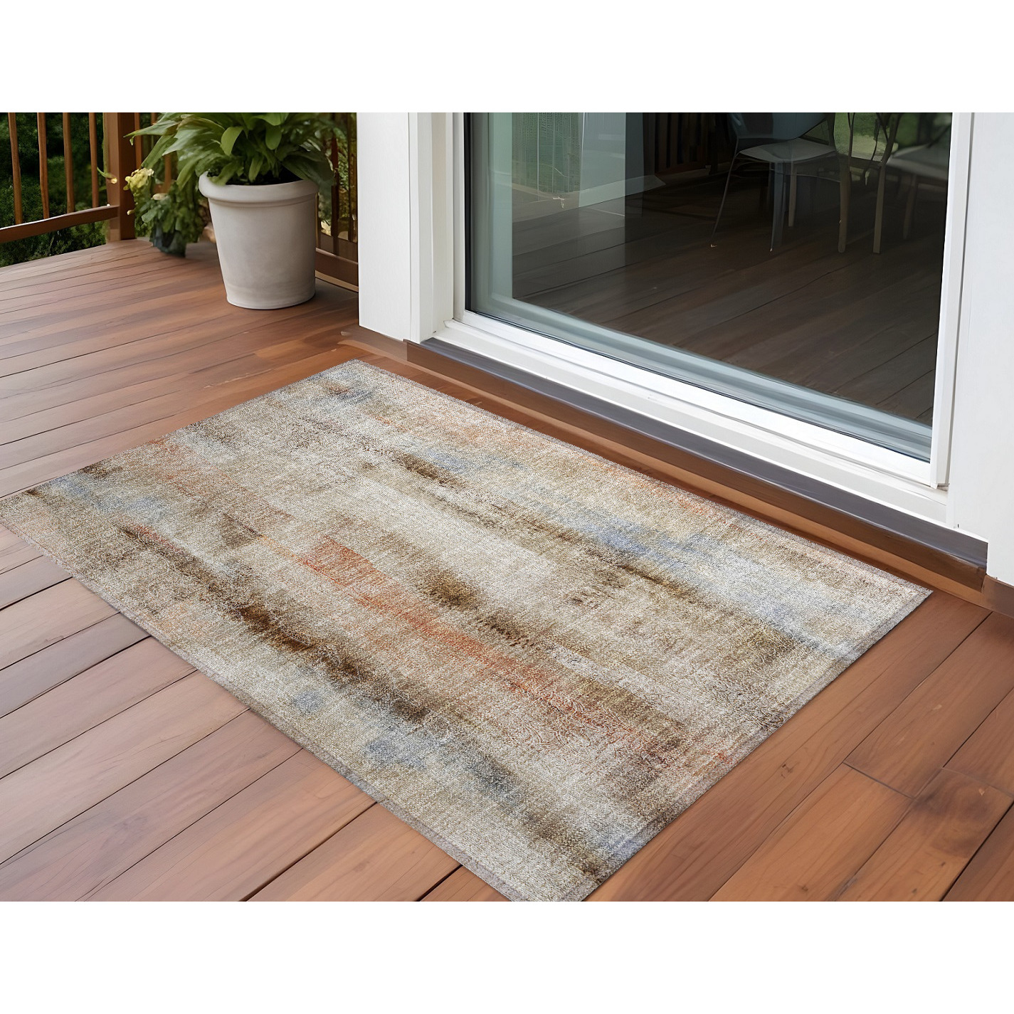 2' X 3' Beige and Brown Washable Non Skid Indoor Outdoor Area Rug