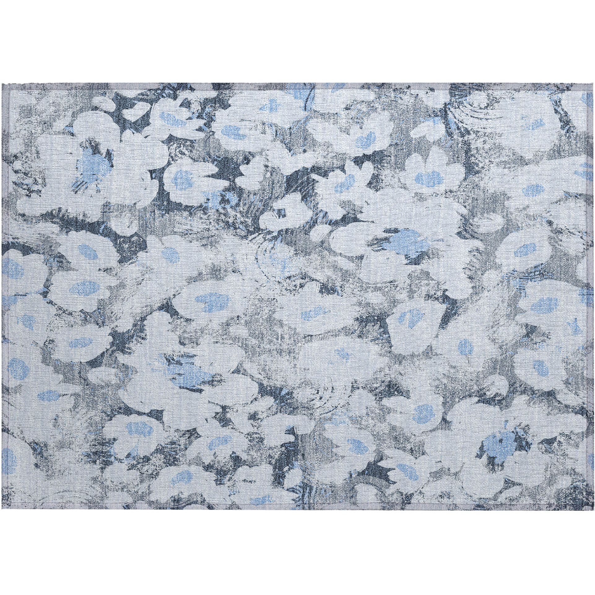 2' X 3' Denim Blue Floral Washable Non Skid Indoor Outdoor Area Rug