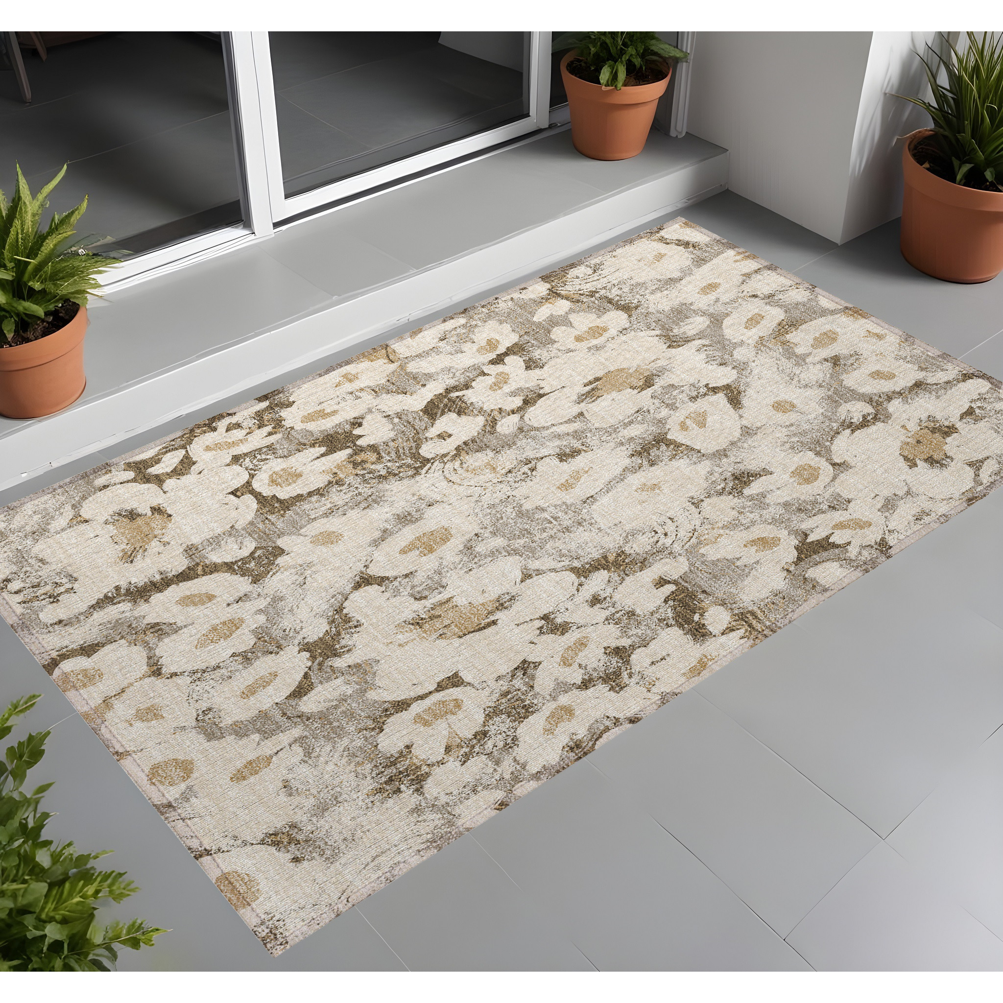 2' X 3' Khaki Floral Washable Non Skid Indoor Outdoor Area Rug