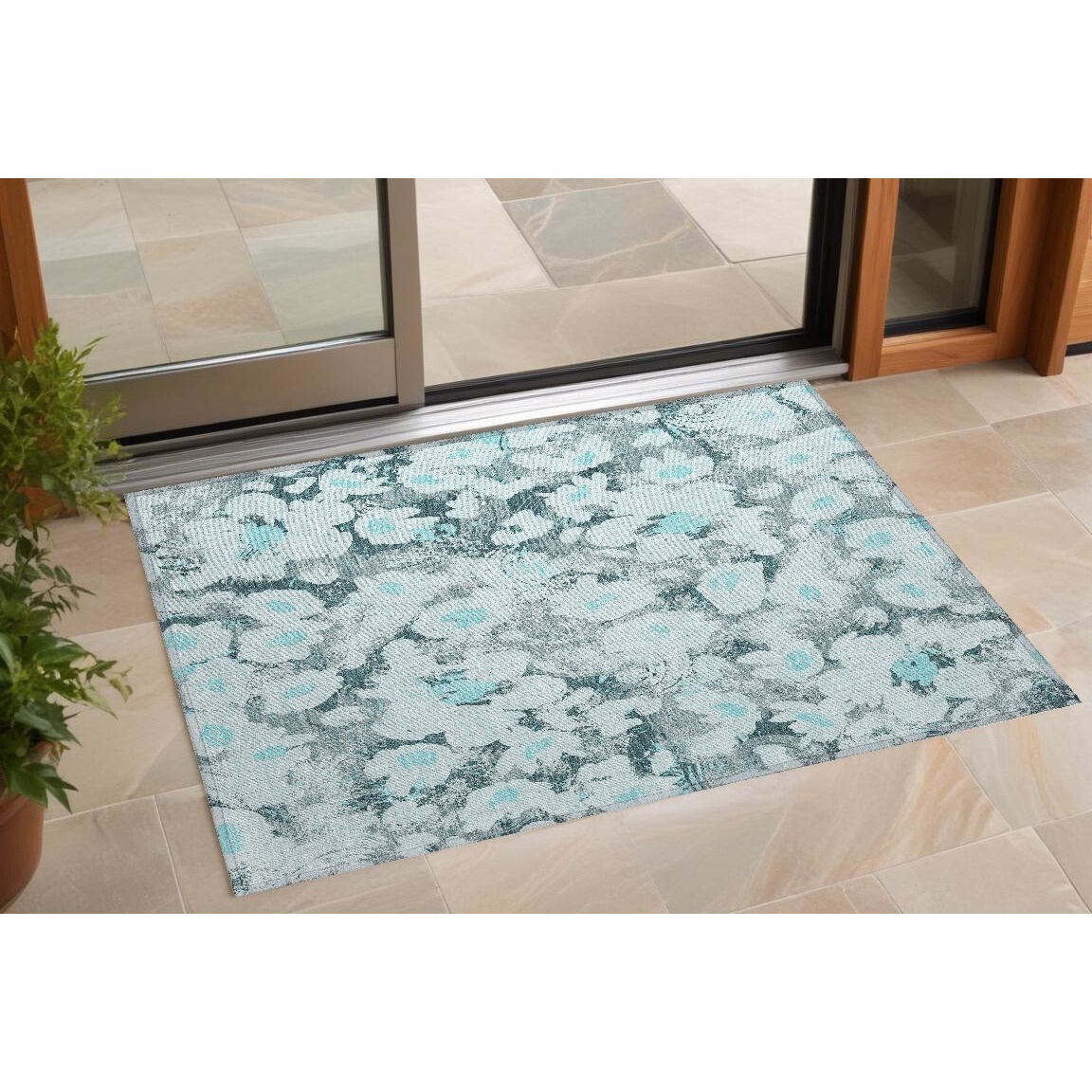 2' X 3' Teal Floral Washable Non Skid Indoor Outdoor Area Rug