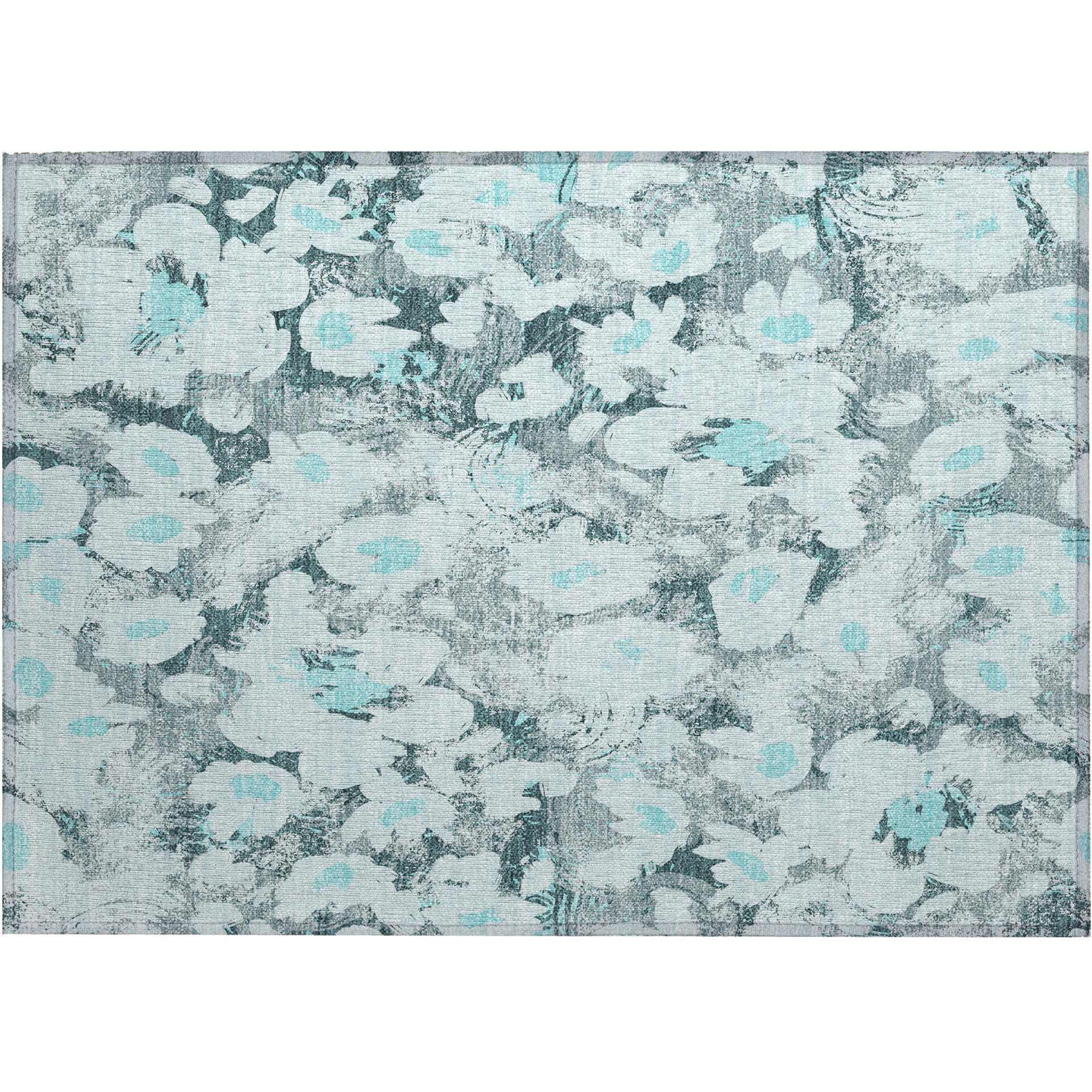 2' X 3' Teal Floral Washable Non Skid Indoor Outdoor Area Rug