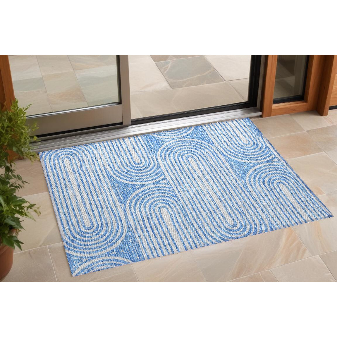 2' X 3' Blue and White Abstract Washable Non Skid Indoor Outdoor Area Rug