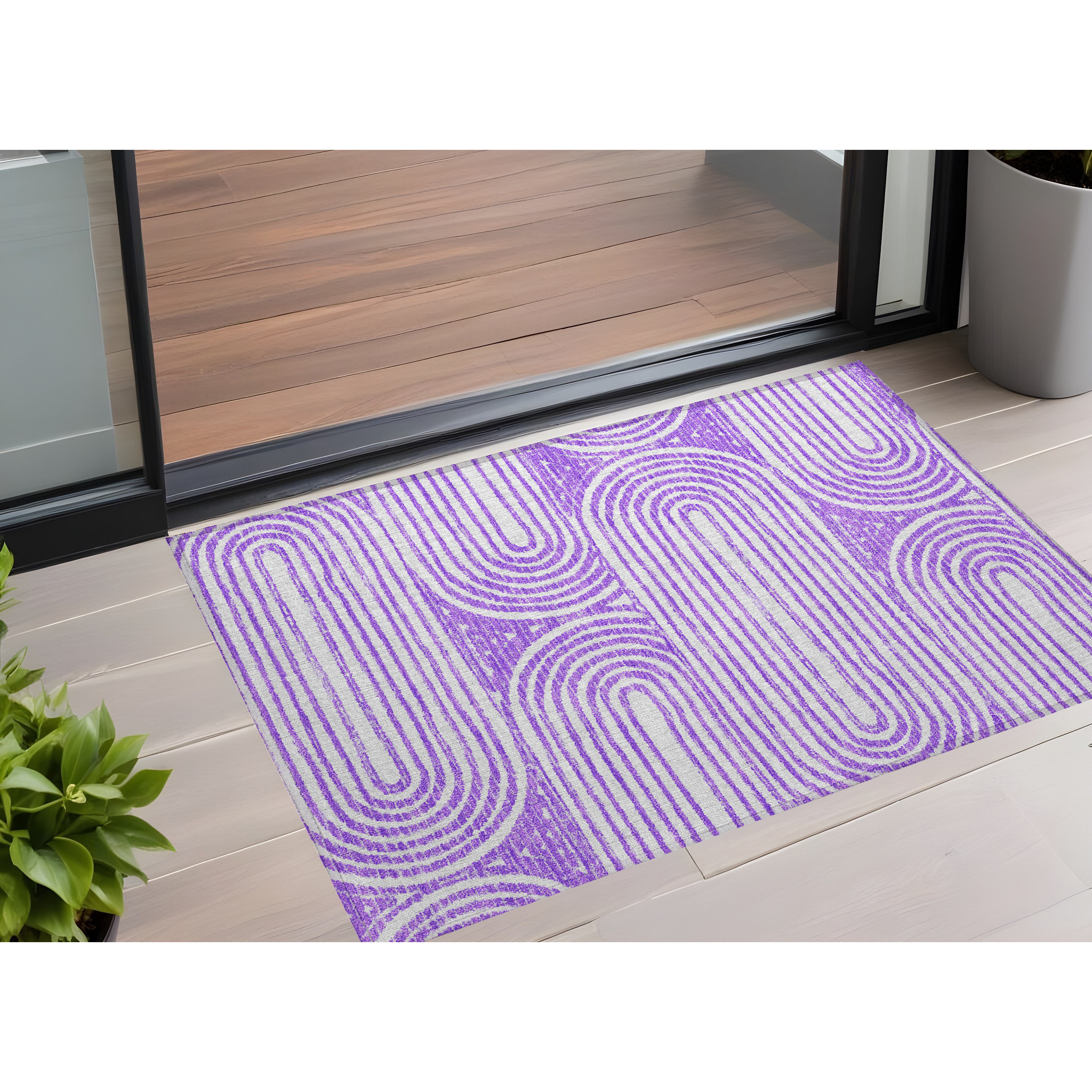 2' X 3' Purple and White Abstract Washable Non Skid Indoor Outdoor Area Rug