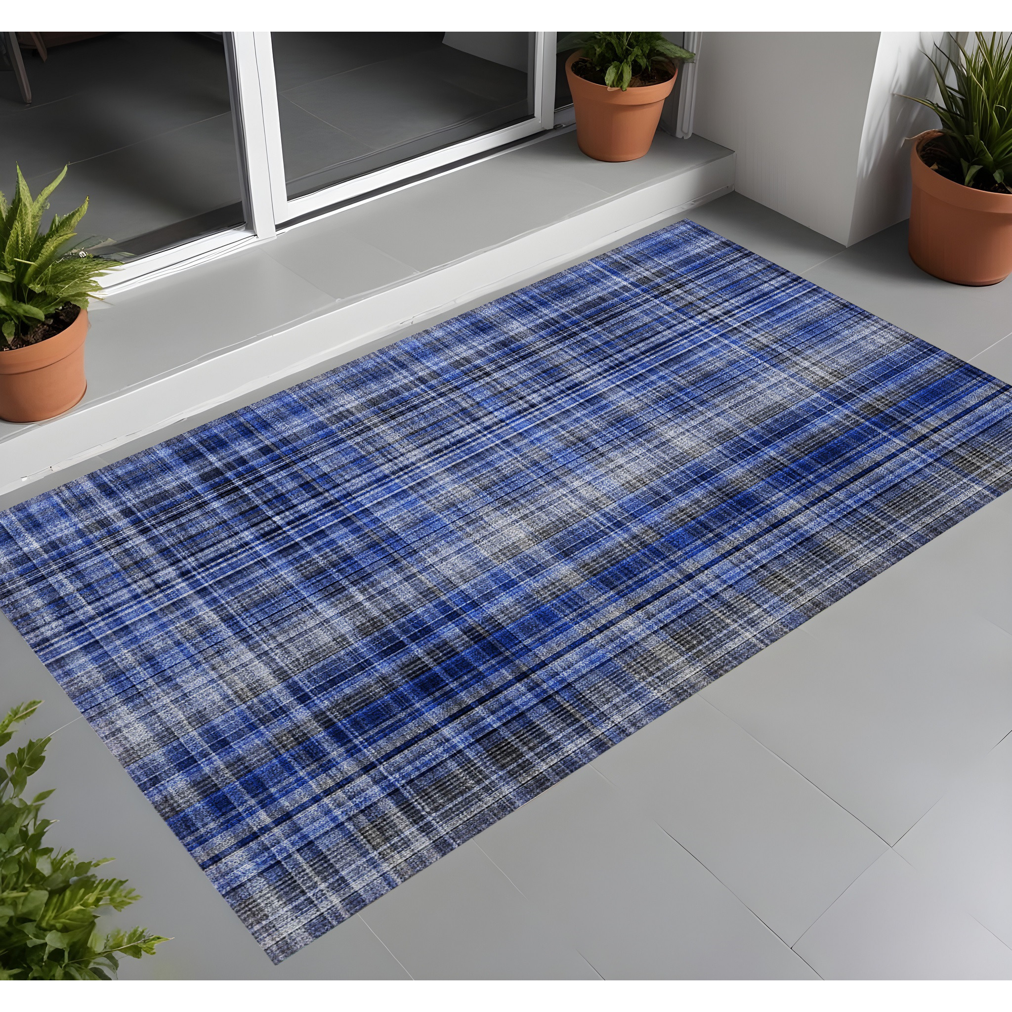 2' X 3' Navy Blue Plaid Washable Non Skid Indoor Outdoor Area Rug